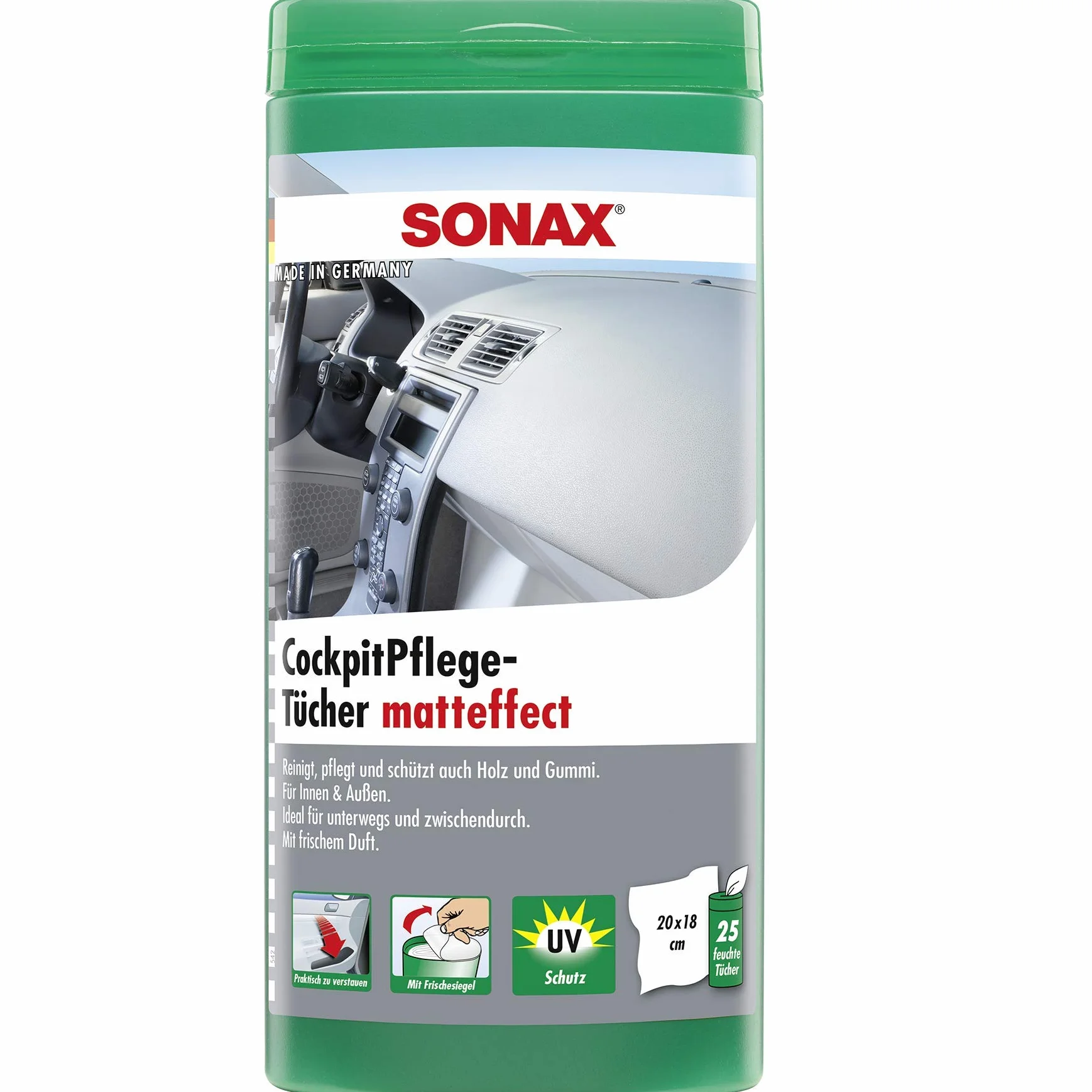 Ściereczki do pielęgnacji kokpitu SONAX Matte Effect Box (25 sztuk) Wilgotne ściereczki czyszczą, pielęgnują i chronią wszystkie elementy plastikowe, drewno i gumę | Przedmiot nr. 04158410