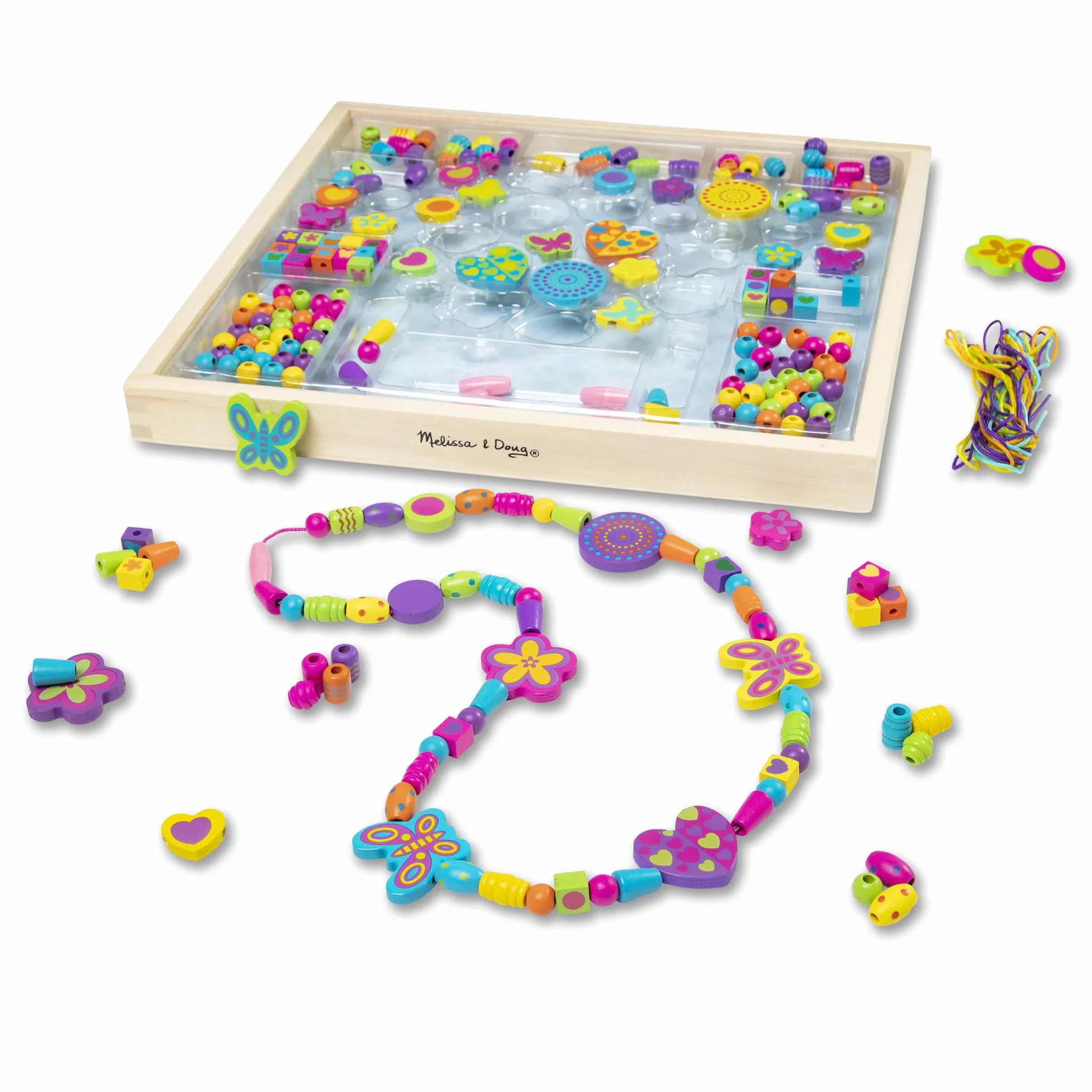 Melissa & Doug Drewniany Zestaw Koralików | Zabawa kreatywna| Zestaw koralików do robienia biżuterii| Drewniane koraliki dla dzieci w wieku 3 4 5 6 lat | Prezent dla chłopca lub dziewczynki