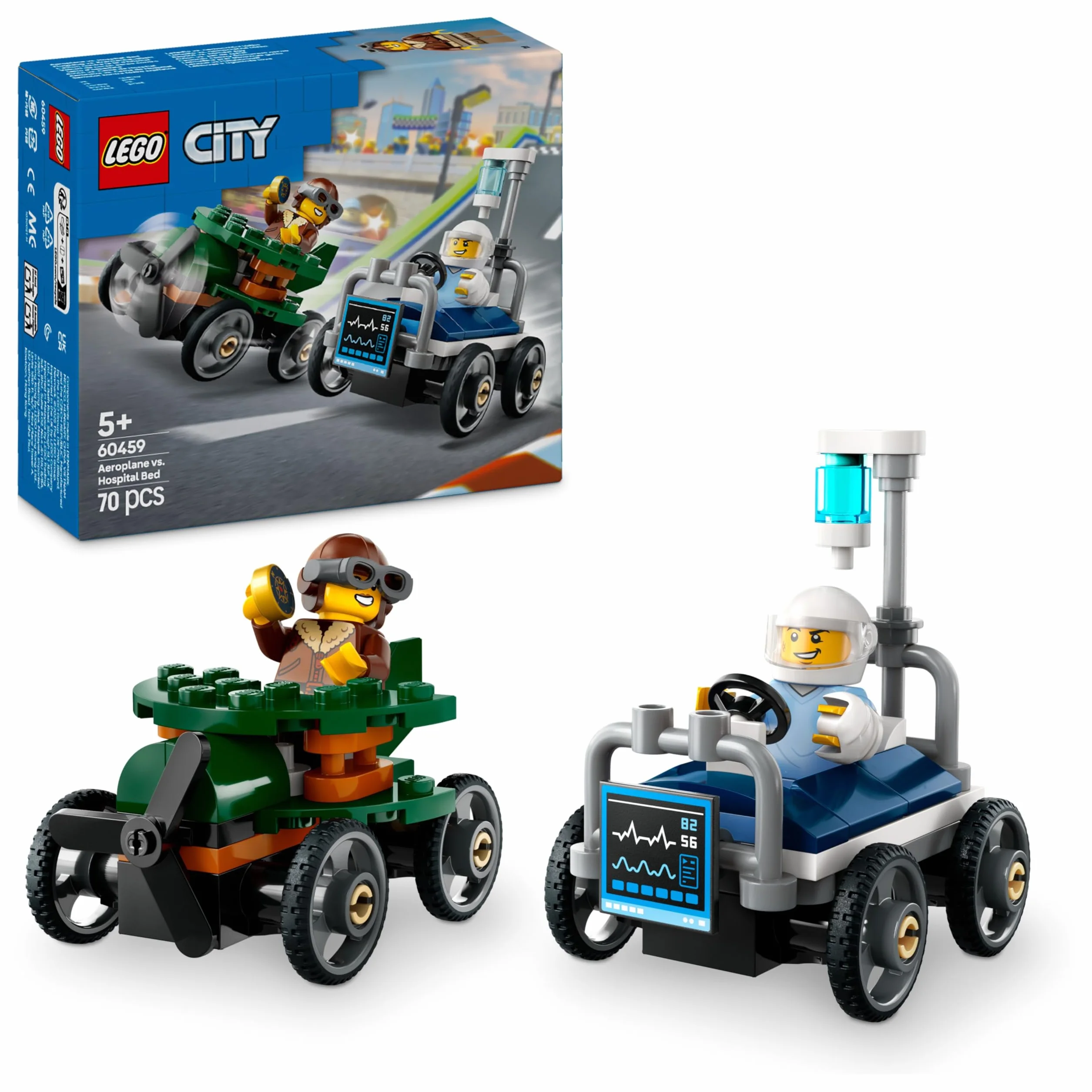 LEGO City Zestaw Wyścigówek: Samolot Kontra Łóżko Szpitalne, Konstrukcyjna Zabawka dla Dziecka do Zbudowania, Pojazdy z Minifigurkami, Kreatywny Prezent dla 5-latka, dla Chłopca i Dziewczynki, 60459