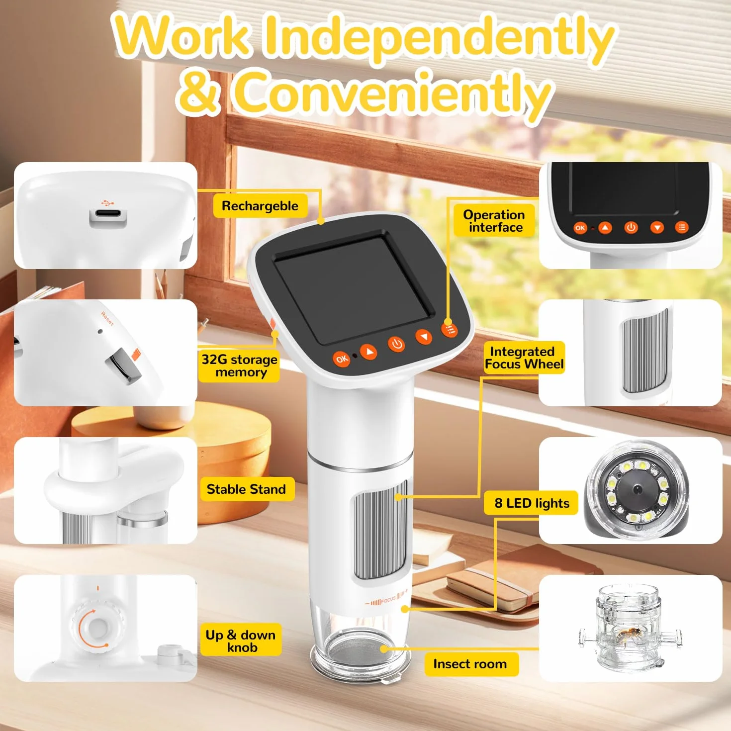 Microscope White Mikroskop Mikroskop IMICHI dla dziecka z ekranem LCD-1000X Duże powiększenie HD Obraz, unikalna komora owadów idealny prezent dla dzieci, przenośny, ręczny mikroskop cyfrowy