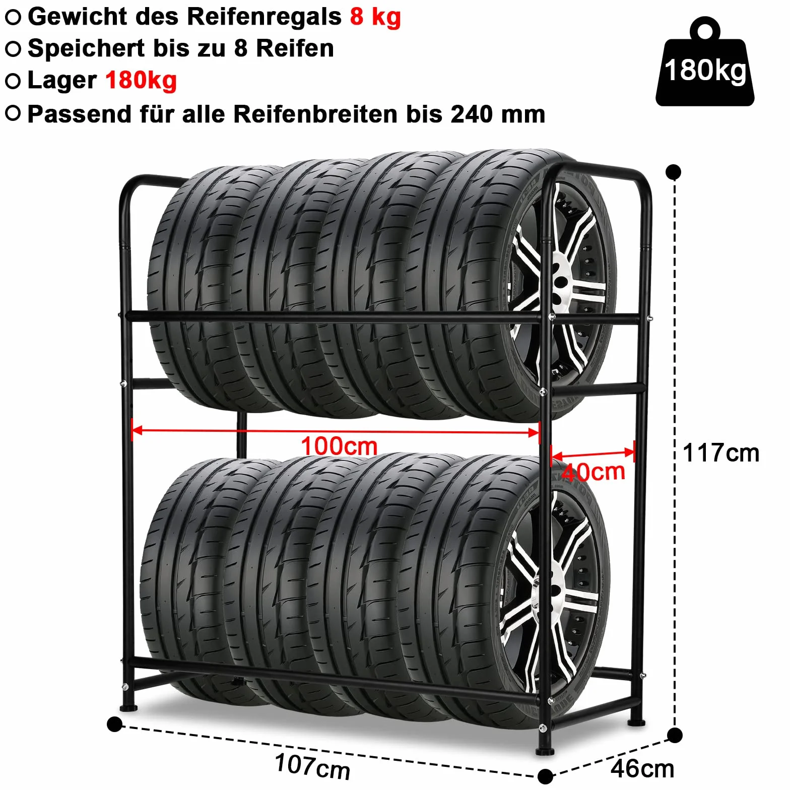 Regał na opony 107x46x117 cm stojak na 8 opon nośność 180 kg z regulacją wysokości