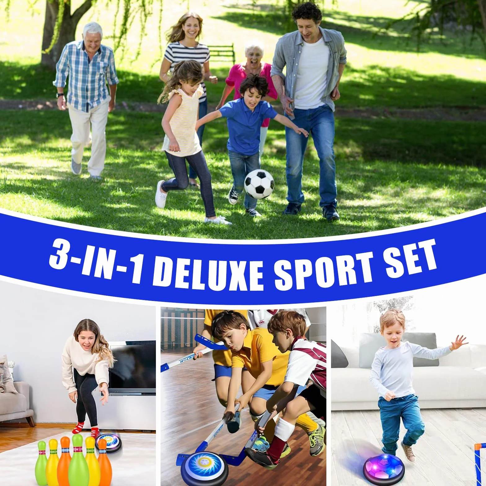 deAO 3 w 1 Air Power piłka nożna, hokej i kula do kręgli, z piłką LED Hover Ball, bramką, 6 kręgli, 2 bramkami do piłki nożnej, zabawki piłkarskie, piłka do hokeja na lodzie Air Power