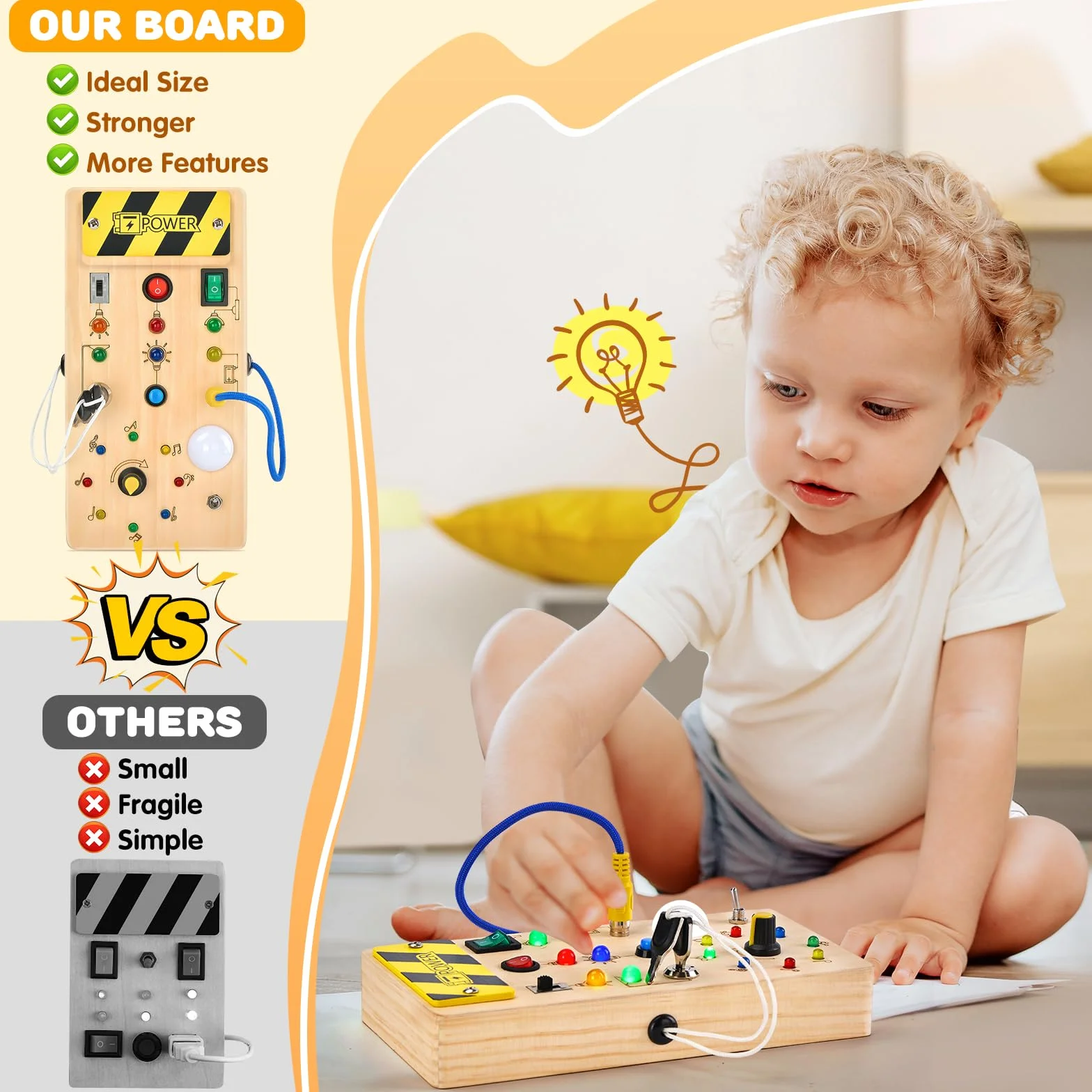 Montessori zabawka od 1 roku życia, deska z włącznikiem światła LED, drewniana zabawka od 1, 2, 3 lat, zabawka motoryczna, zabawka sensoryczna, zabawka edukacyjna dla niemowląt i małych dzieci