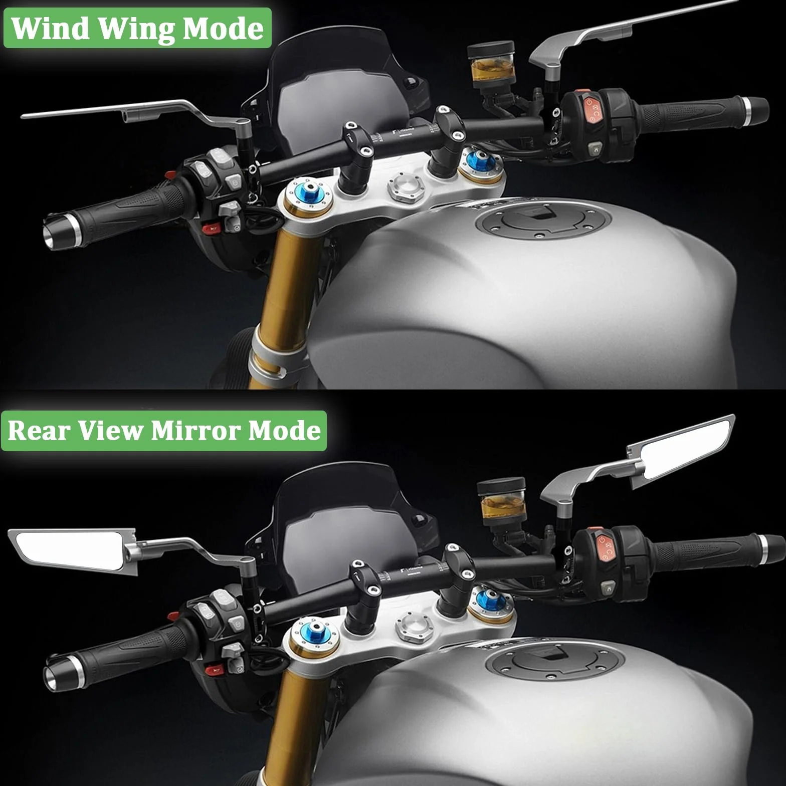 Lusterka wsteczne do motocykla, regulowane, obrotowe o 360°, lusterka boczne Stealth Wind Wing do Kawasaki Z400, Z650, Z1000, Duke 125, 200, 250, 390, 690, 790, 1290 itp. (8 mm, 10 mm)