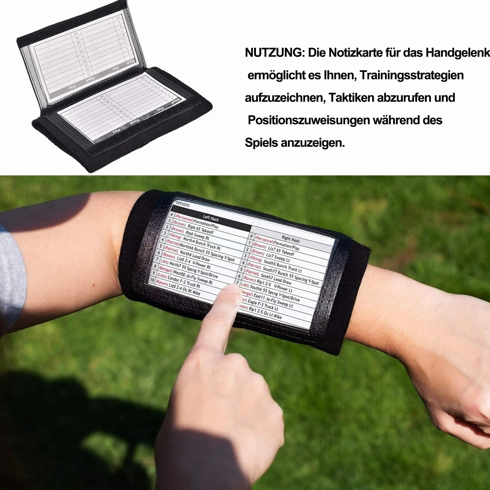 Football Wrist Playbook, Wrist Coach, Fold Transparent Football Play Wristband Wrist Football, 2 arkusze do gry w piłkę nożną, czarne bransoletki do gry w piłkę nożną, do uprawiania sportu, piłki