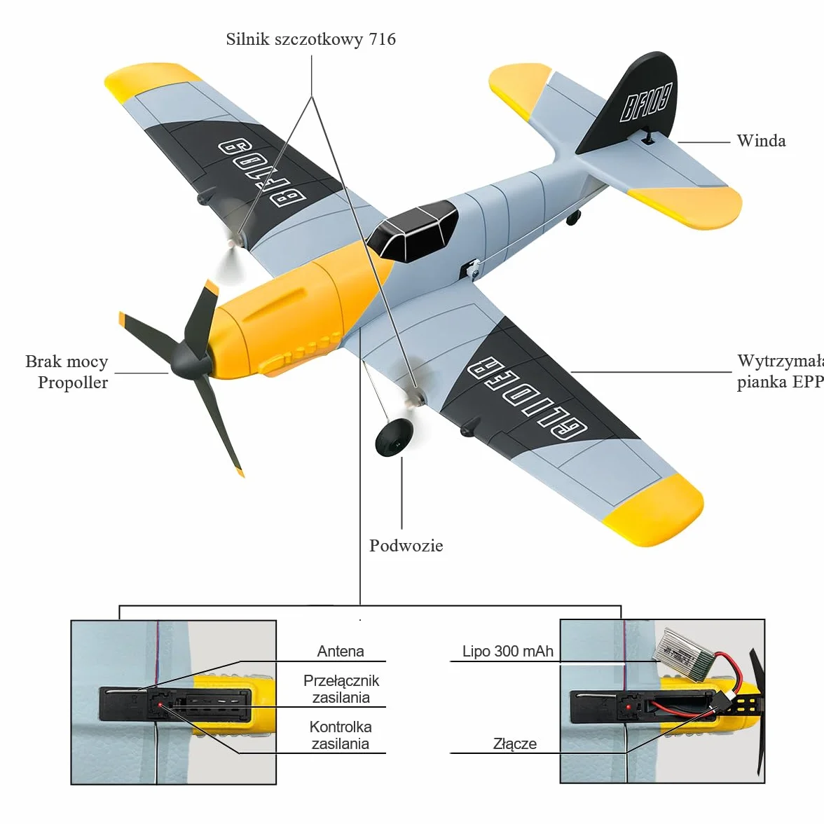 HAWK'S WORK 3-kanałowy Samolot RC BF-109, Zdalnie Sterowany Samolot Gotowy do Lotu, 6-osiowy Stabilizator Żyroskopowy 2.4GHz, Łatwy w Pilotażu dla Dzieci i Początkujących