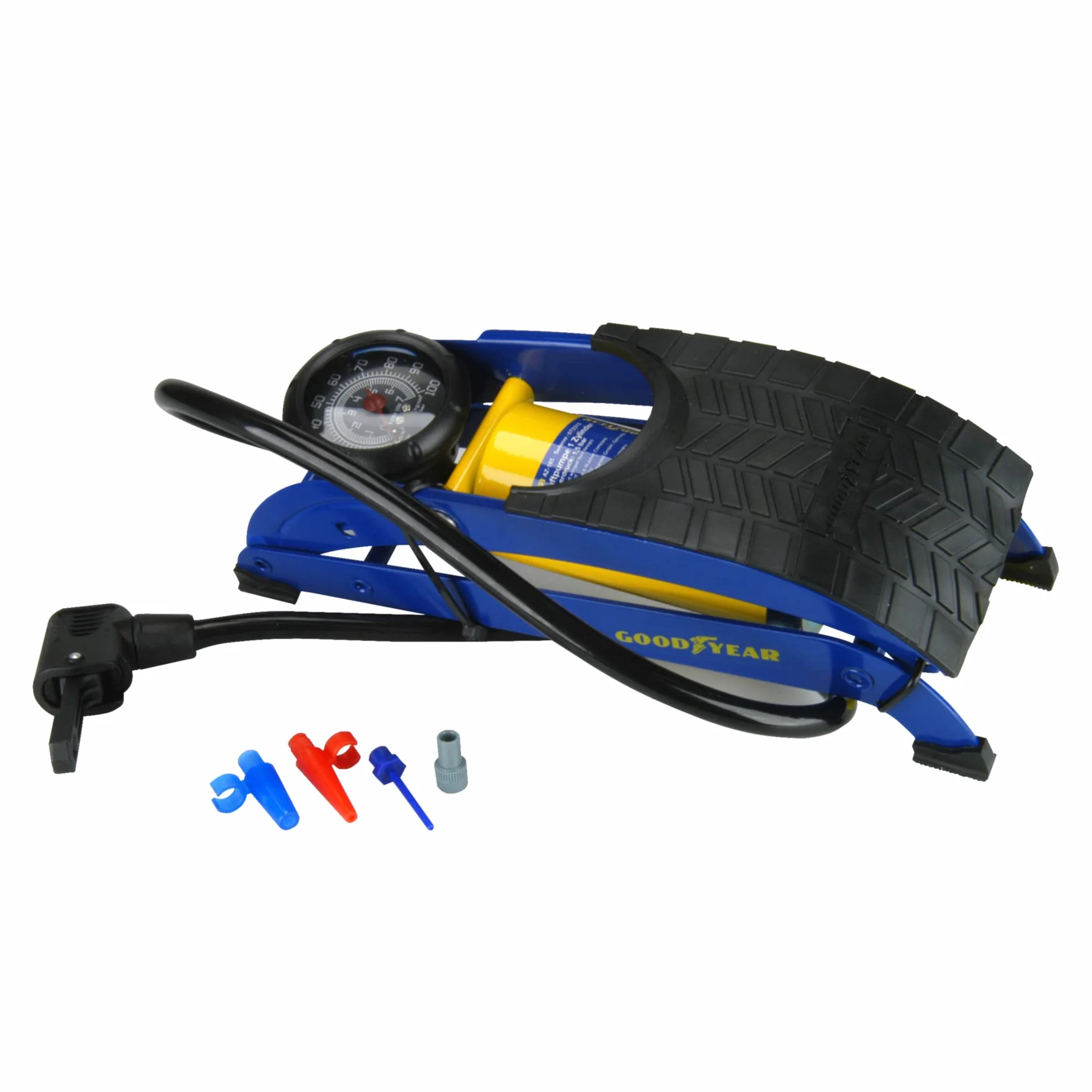 GOODYEAR 75523 Pompka nożna klasy premium, jednocylindrowy, manometr do 7 barów, antypoślizgowa blacha, adapter z podwójną głowicą, czarny, niebieski i żółty
