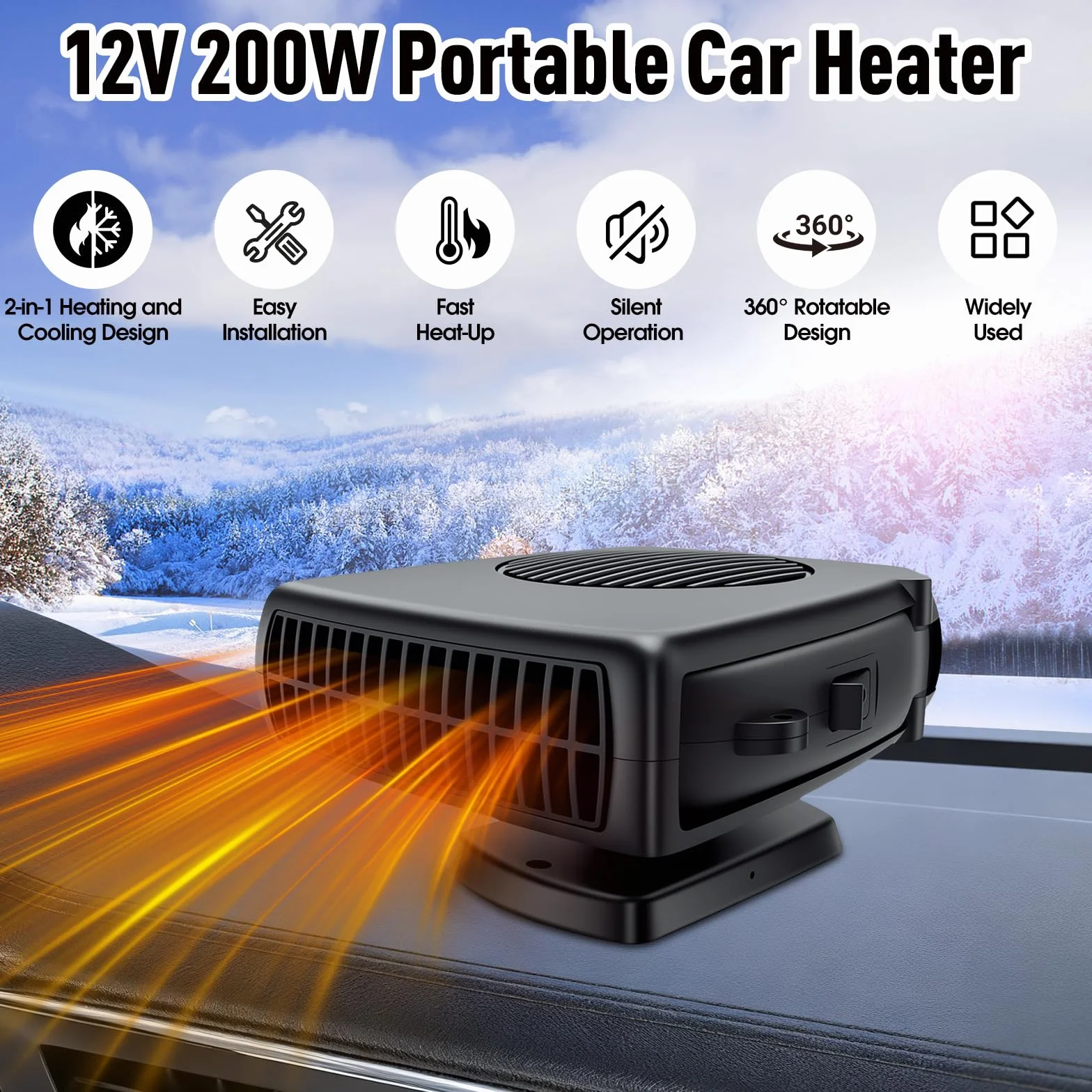 Ogrzewacz samochodowy 200 W 12 V obrotowy 360° przenośny termowentylator 2 w 1 ogrzewanie i chłodzenie