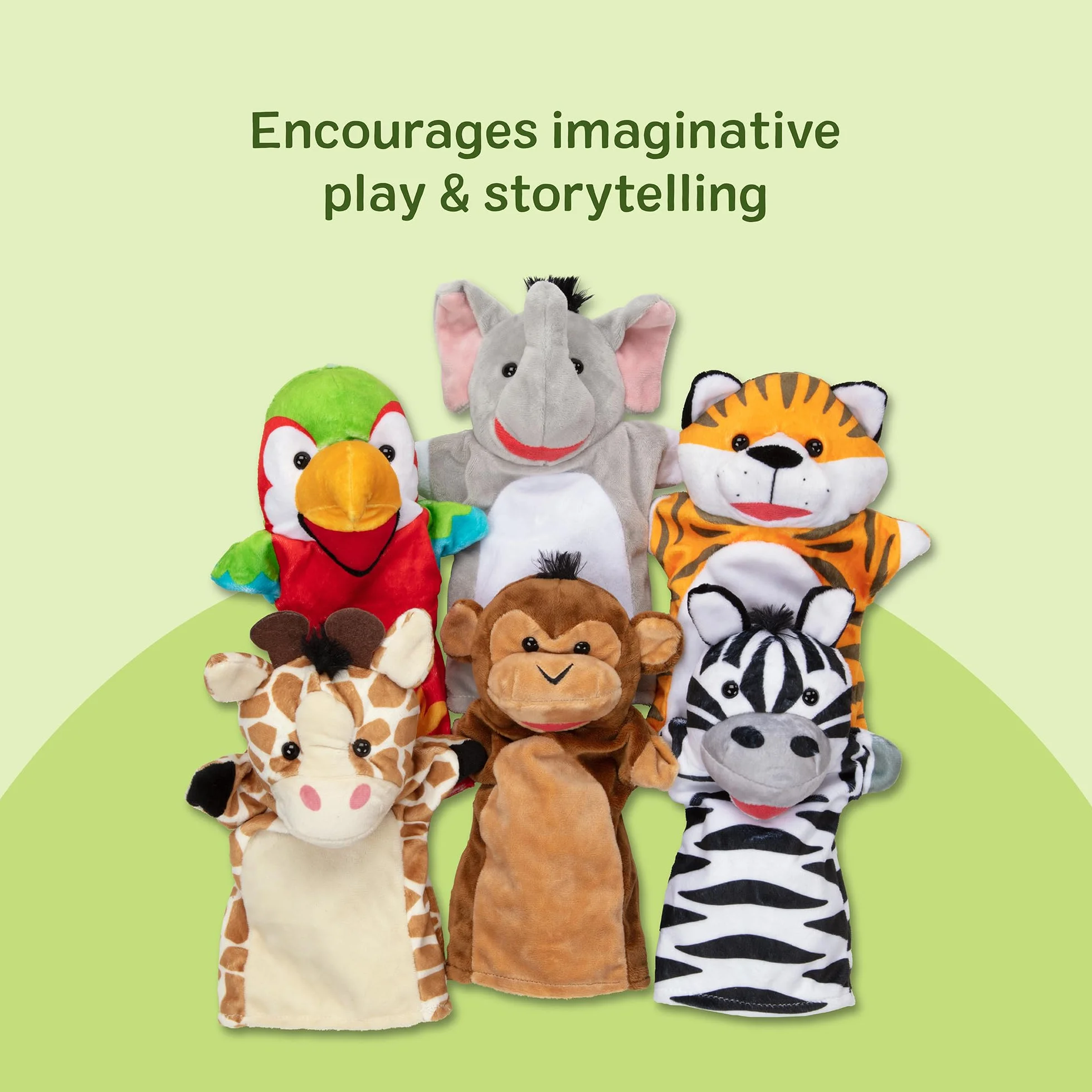 Melissa & Doug Safari Buddies ręczne kukiełki, zestaw 6 szt. (słoń, tygrys, papuga, żyrafa, małpa, zebra) miękkie, pluszowe zwierzę, kukiełki dla małych dzieci i dzieci w wieku od 2 lat