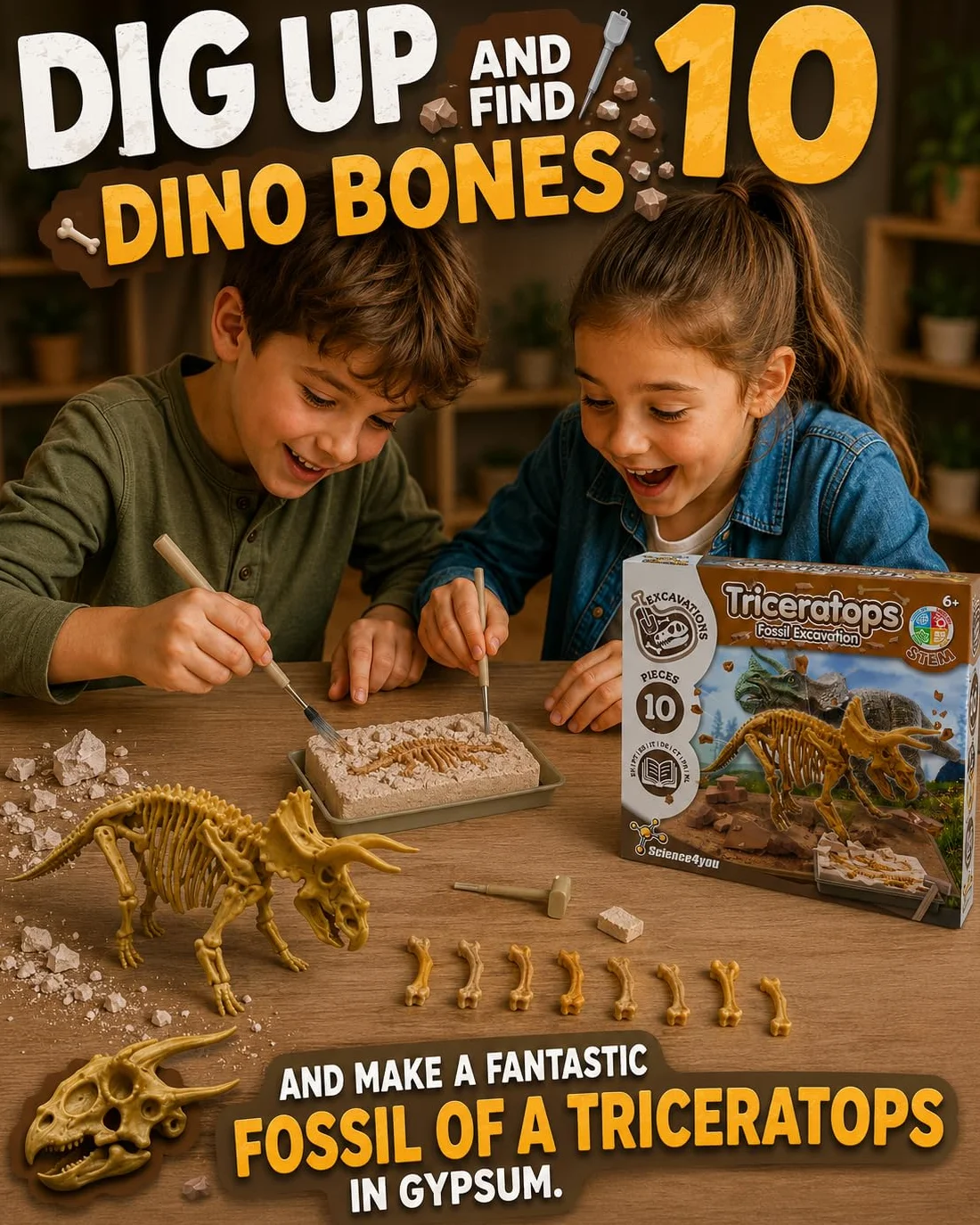 Science4you Triceratops, zestaw wykopalisk dla dzieci +6 lat - wykop i montaż 10 skamieniałości dinozaurów. Gry paleontologiczne i archeologiczne, zabawki i prezent dla dzieci 6 7 8 9 10+ lat
