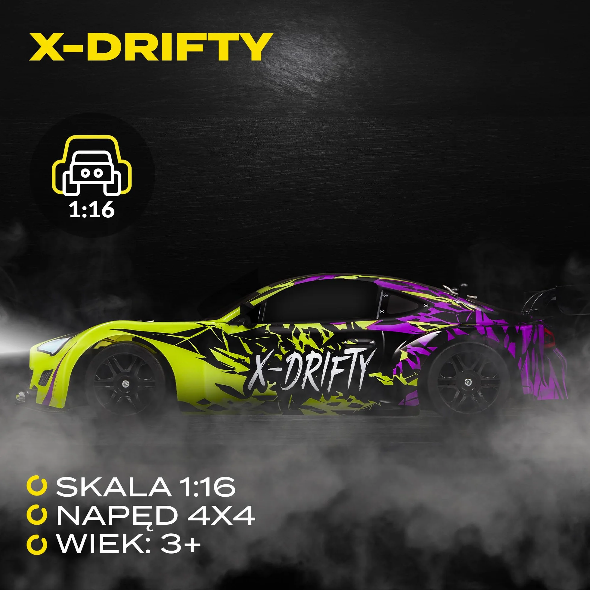 OVERMAX X-Drifty Zdalnie Sterowany Samochód RC dla Dzieci 3+, Auto do Driftu 1:16, 20 km/h, Zasięg do 80 m, napęd 4WD, 2 Baterie 500 mAh Zestaw Kół, Zestaw Przeszkód Naklejki