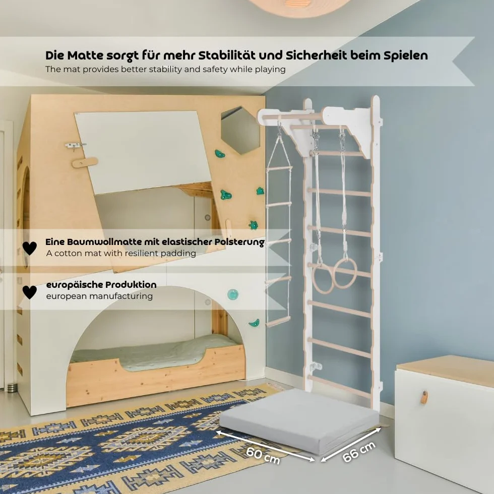 MAMOI® Drabina gimnastyczna dla dorosłych (210 cm) | drabina ścienna z drewna | drabina do wspinaczki | pierścienie gimnastyczne | mata ochronna | lina wspinaczkowa | 100% ekologiczna | wyprodukowano