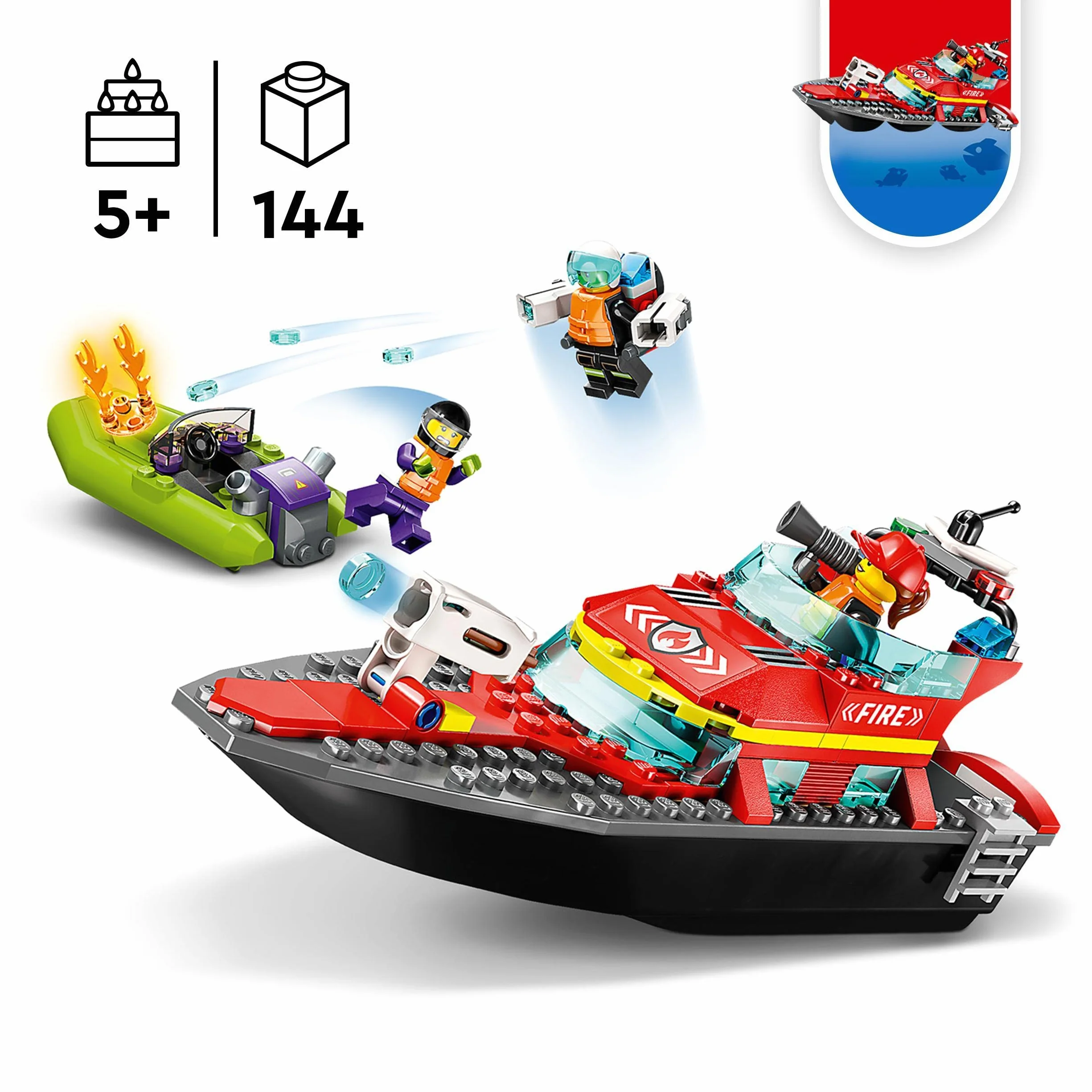 LEGO 60373 City Łódź strażacka, Unosi się na Wodzie, Plecak Odrzutowy, Motorówka, 3 Minifigurki, Zabawki dla dzieci od 5 lat, pomysł na prezent