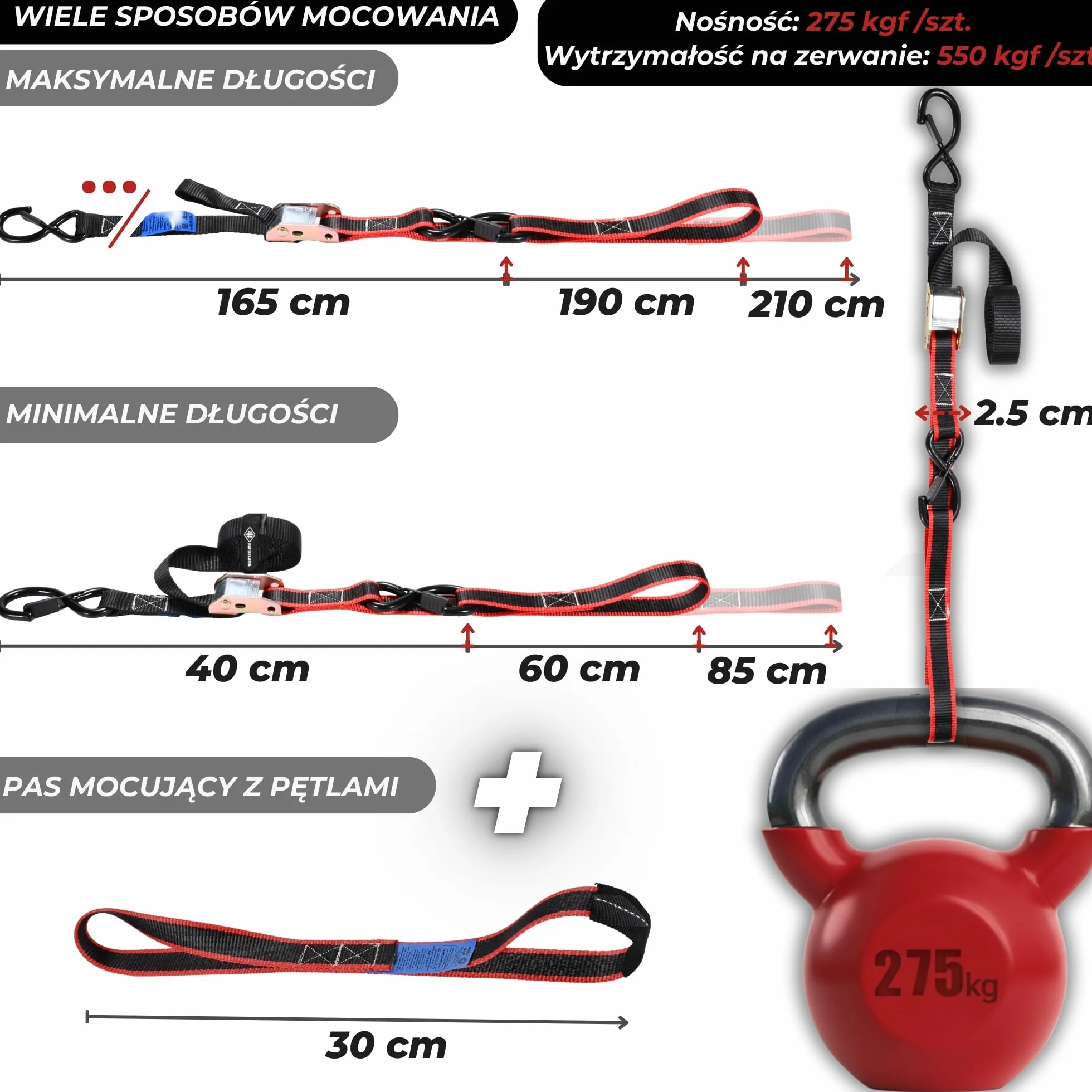 Pasy Transportowe do Motocykla 550 kg, Mocujące z Klamrą i Hakami S, 2 Pasy 1,9 m + 2 Pętle Soft Loop