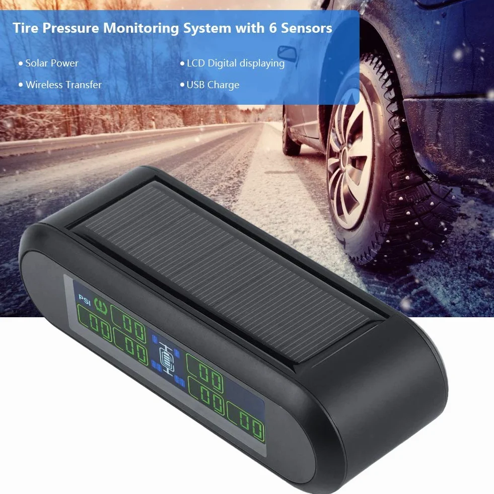 Yctze TPMS 6 Czujniki zewnętrzne Bezprzewodowy system monitorowania ciśnienia w oponach solarnych Monitor LCD Alarm