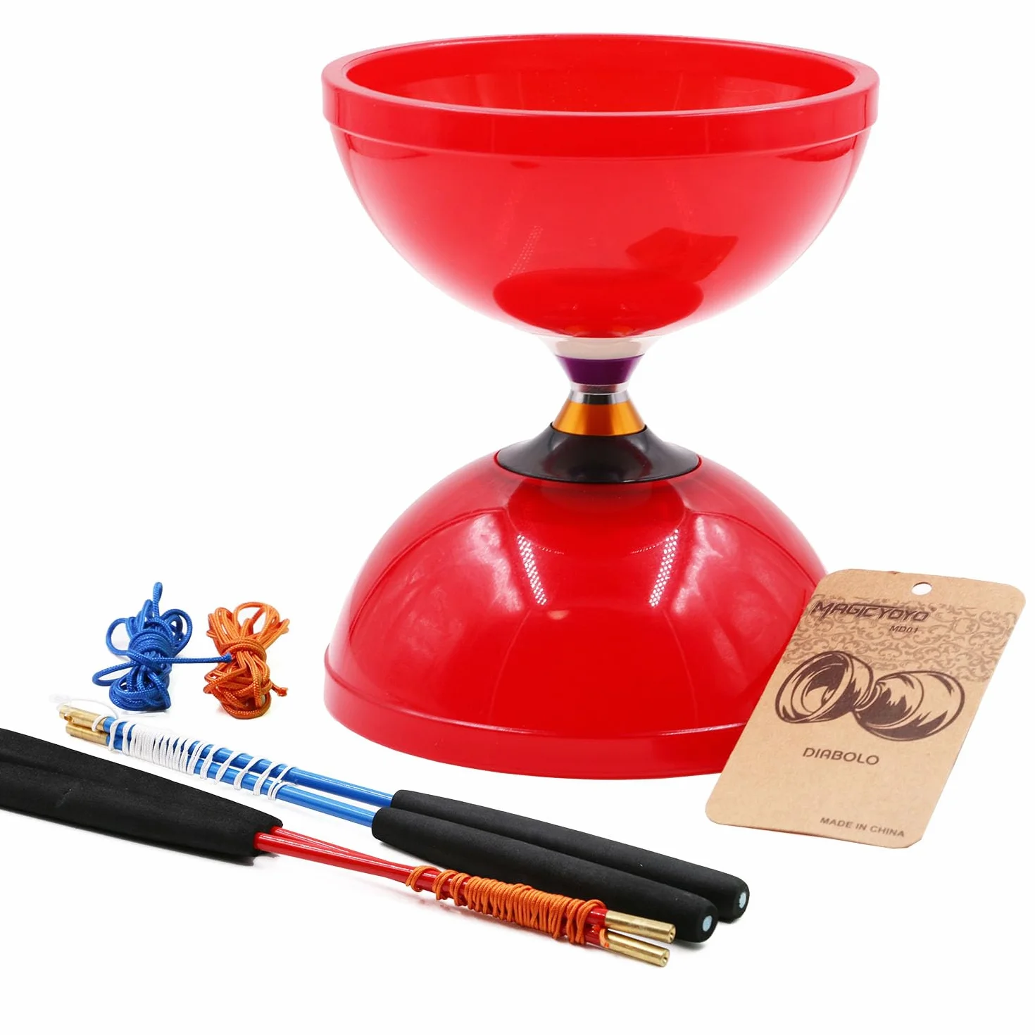 MAGICYOYO MD01 Grand Diabolo Professional potrójne łożyska z 2 parami wskaźników + 4 szpikulec, zestaw żonglerów dla dzieci, dorosłych i początkujących, czerwony