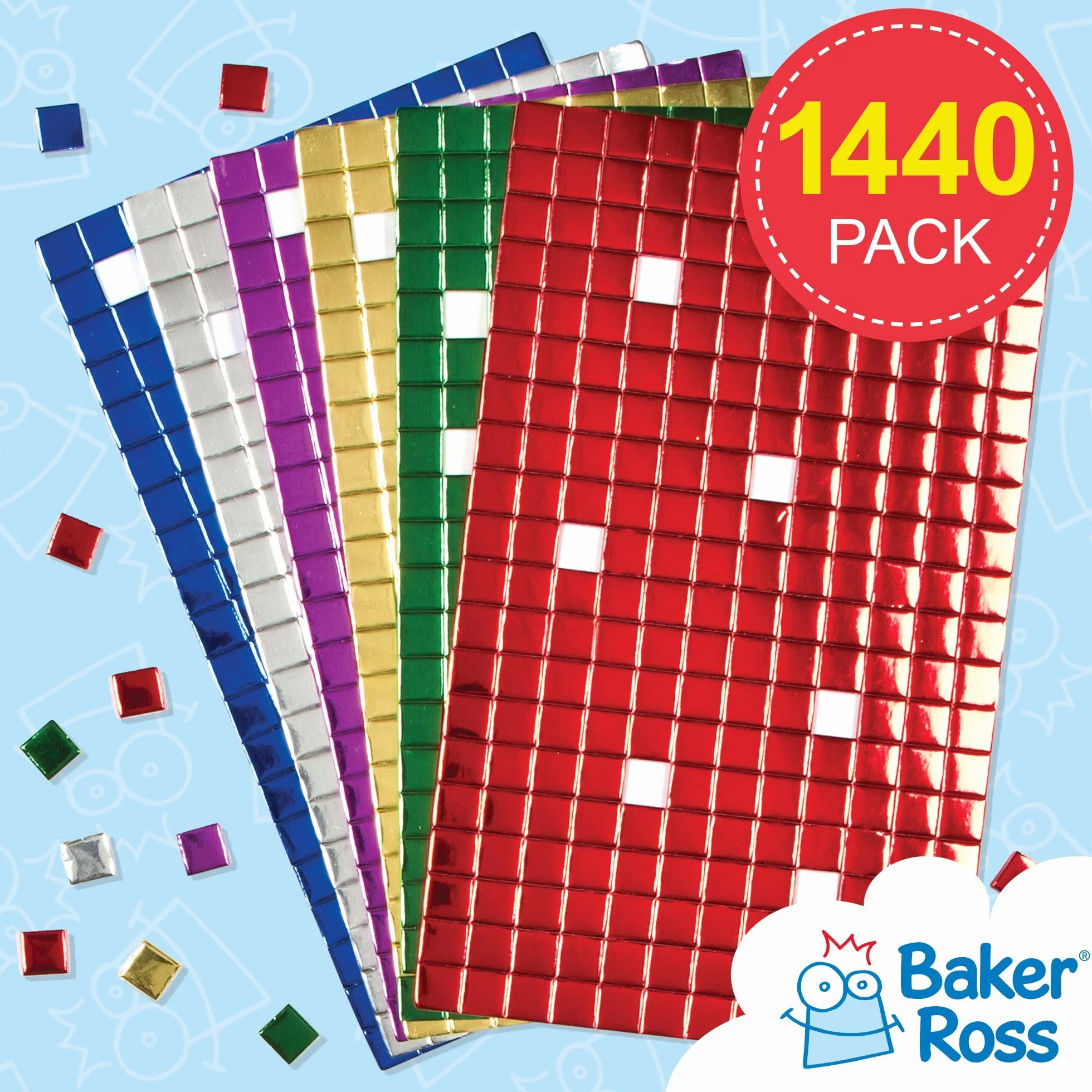 Baker Ross AF742 samoprzylepne kwadraty mozaikowe z pianki metalicznej (opakowanie 1440) idealne do sztuki i rzemiosła, asst Colours