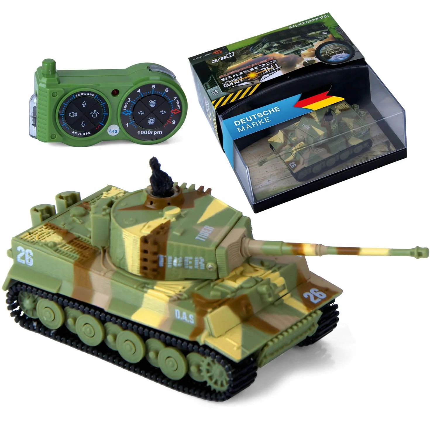 Zdalnie sterowany mini czołg RC German Tiger I – model R/C Battltank z funkcją strzału, dźwiękiem i światłem – skala 1:72 (zestaw 2 szt.)