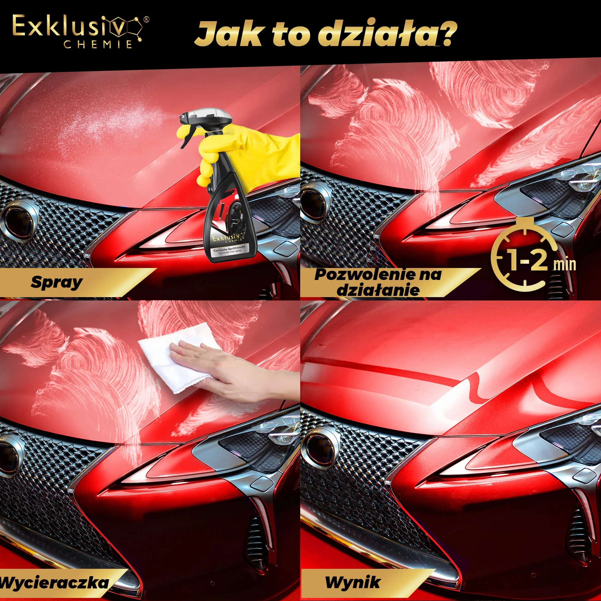 Exklusiv Chemie® Carnauba Wosk w sprayu, wosk w sprayu do samochodu, lakier samochodowy do połysku i ochrony, lakier na wysoki połysk, wosk samochodowy, uszczelka ceramiczna, 500 ml