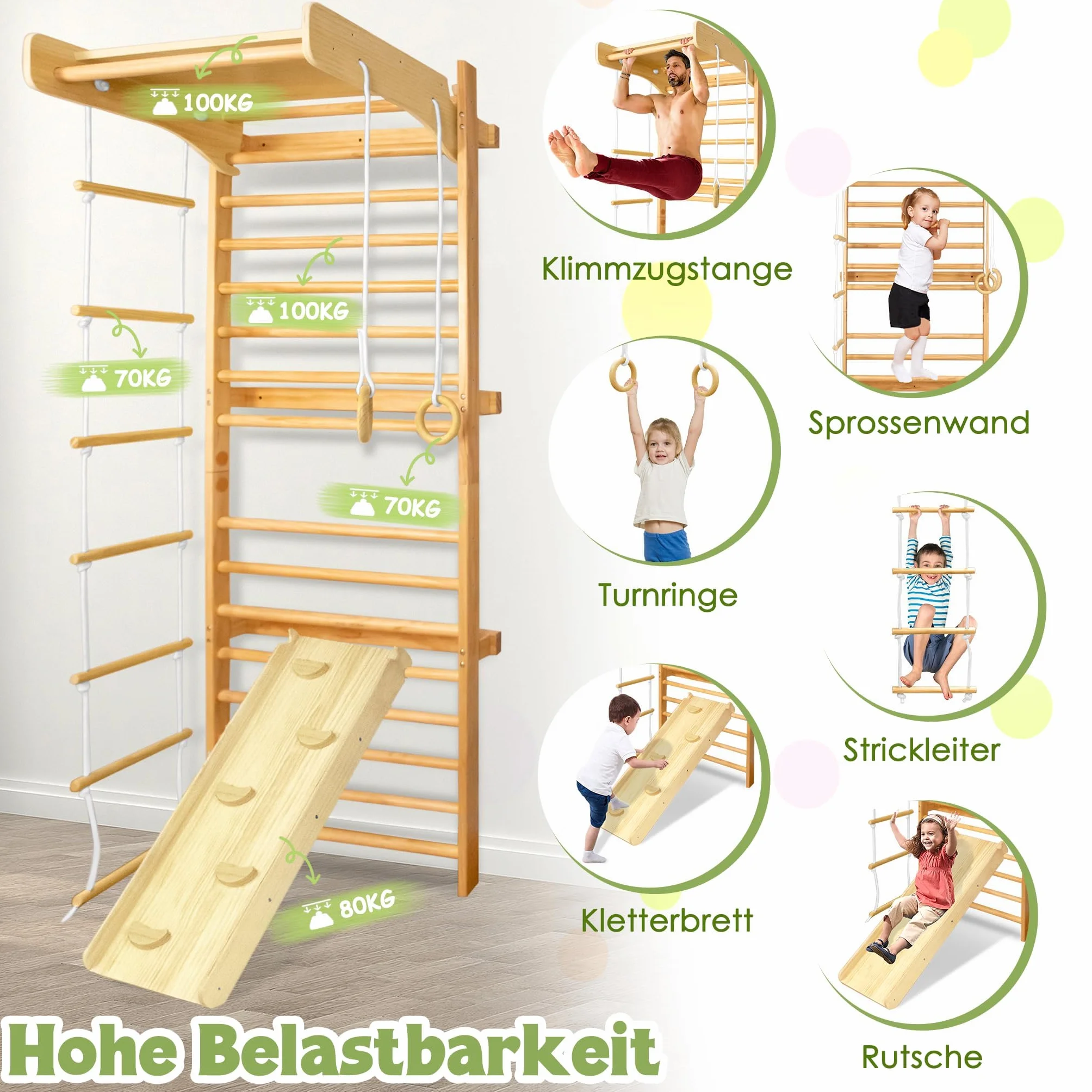 UISEBRT Drabinka do wspinaczki z drewna, do użytku wewnątrz i na zewnątrz, sprzęt sportowy z drążkiem, kółkami gimnastycznymi, zjeżdżalnią i drabinką, obciążenie do 100 kg