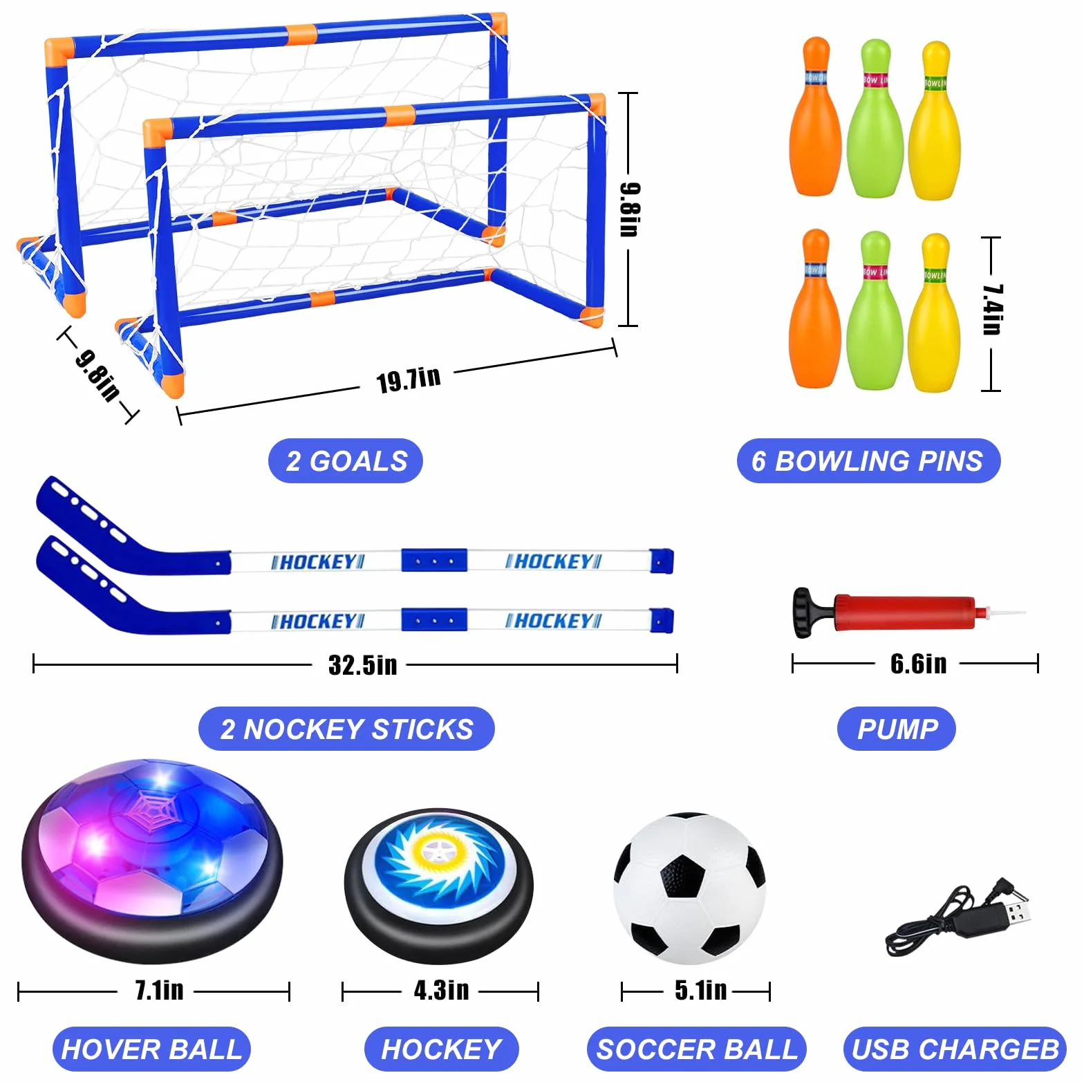 deAO 3 w 1 Air Power piłka nożna, hokej i kula do kręgli, z piłką LED Hover Ball, bramką, 6 kręgli, 2 bramkami do piłki nożnej, zabawki piłkarskie, piłka do hokeja na lodzie Air Power