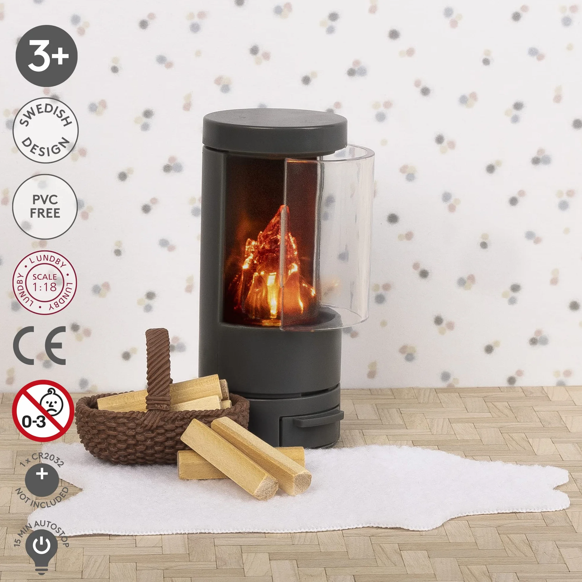 Lundby Domek dla lalek – miniaturowy kominek meble dla lalek z oświetleniem LED – zestaw mebli do domku dla lalek – do salonu – akcesoria – lalki 11 cm 1:18
