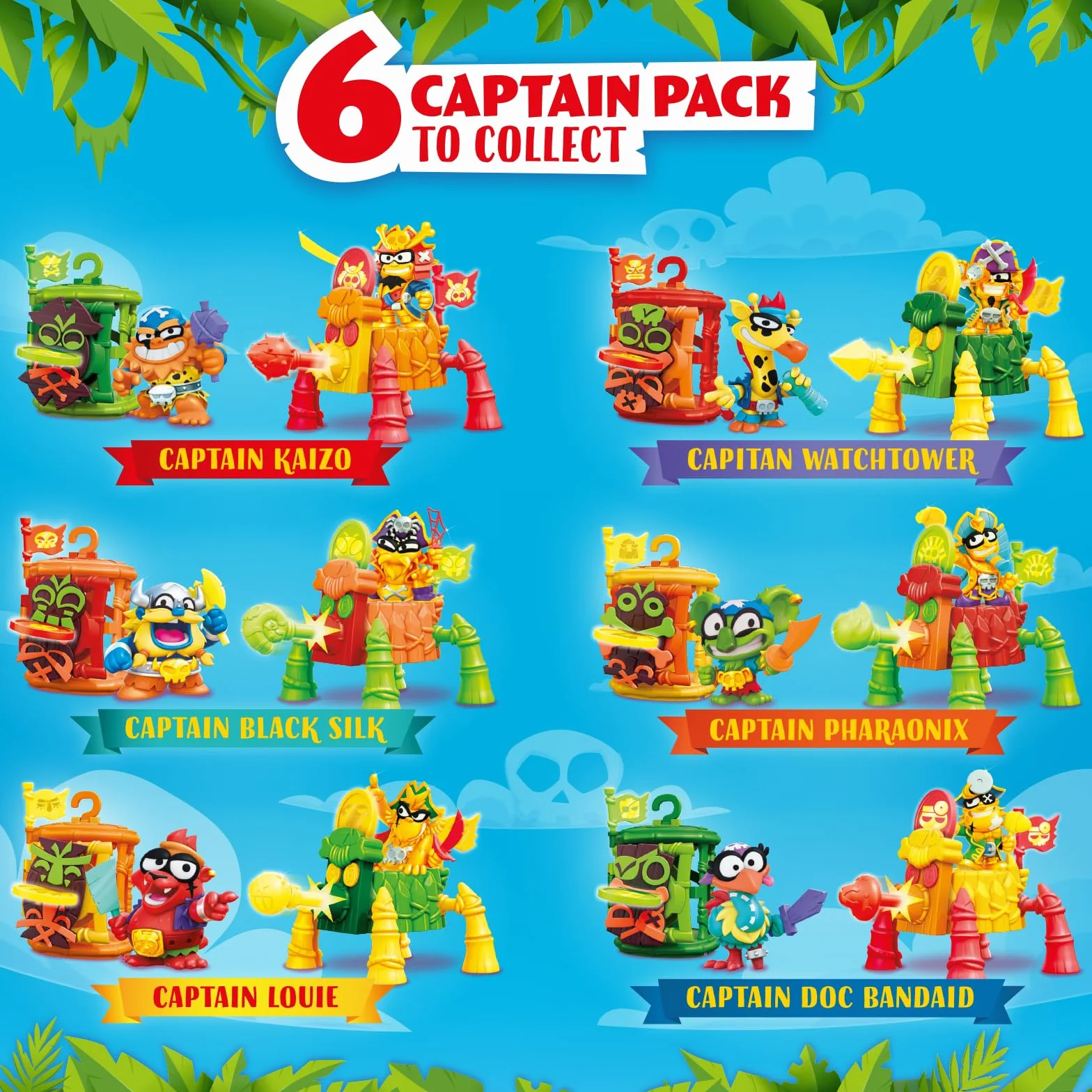 PIRATIX, ADVENTURE WORLD Seria Crazy Jungle, Captain Pack Pharaonix– zawiera 4 figurki Piratix,w tym 1 złotego kapitana,4 akcesoria,1 klatkę,1 armatę,2 ekskluzywne monety,2 flagi. Zestaw 4 z 6