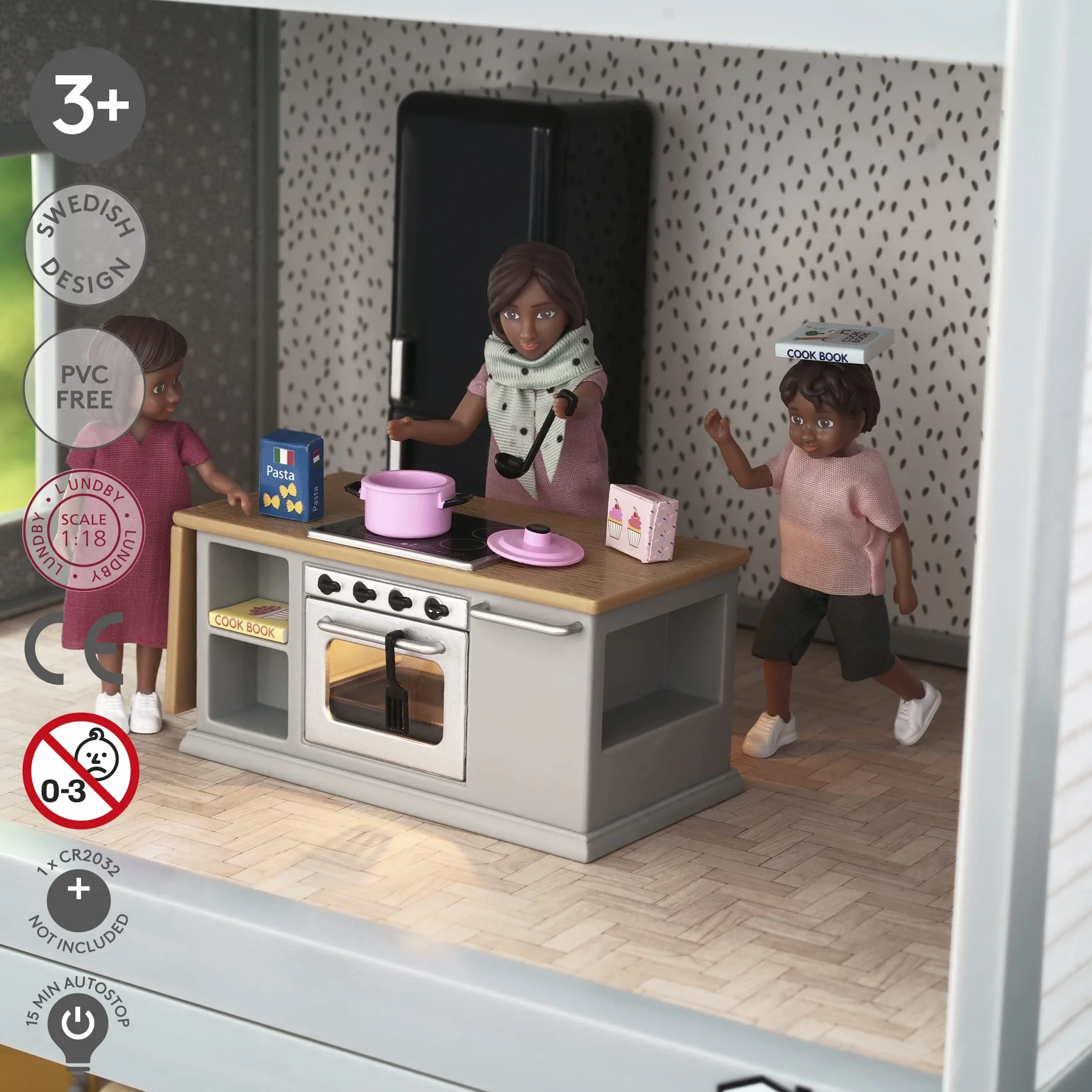LUNDBY Meble do domku dla lalek, wyspa kuchenna, kuchenka + lodówka, 10 sztuk, akcesoria do domku dla lalek, 11 cm, mini lalki, wiek 4+, skala 1:18