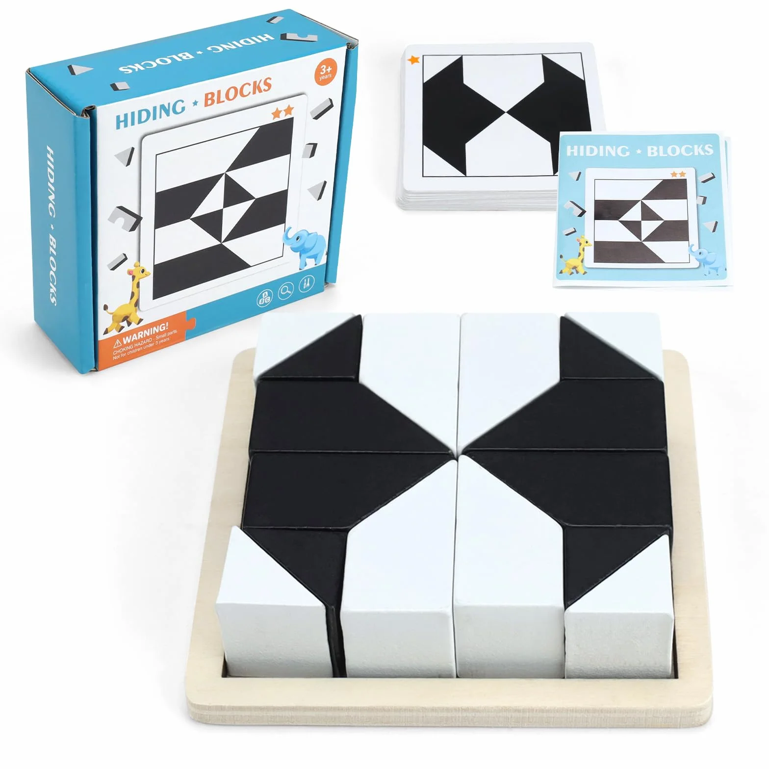 Drewniane puzzle Tangram, czarno-białe Tangram dla dzieci, 16 klocków Puzzle z geometrycznymi kształtami, sprzyjają wyobraźni przestrzennej i logicznemu myśleniu, dla dziewczynek i chłopców