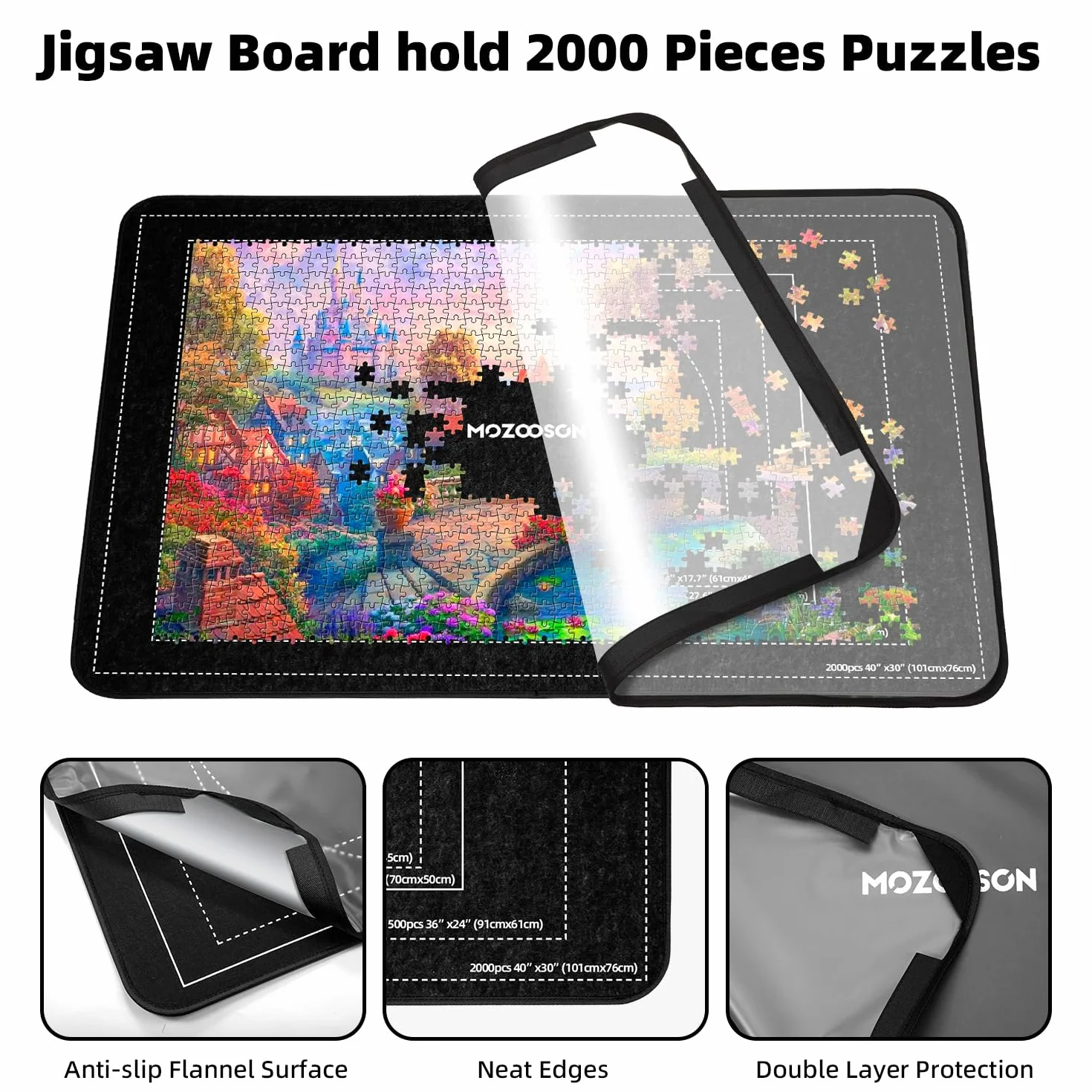 MOZOOSON Tablica puzzli na 2000 elementów, akcesoria do puzzli, 105 x 80 cm, 8 tacek do sortowania i 1 pokrowiec
