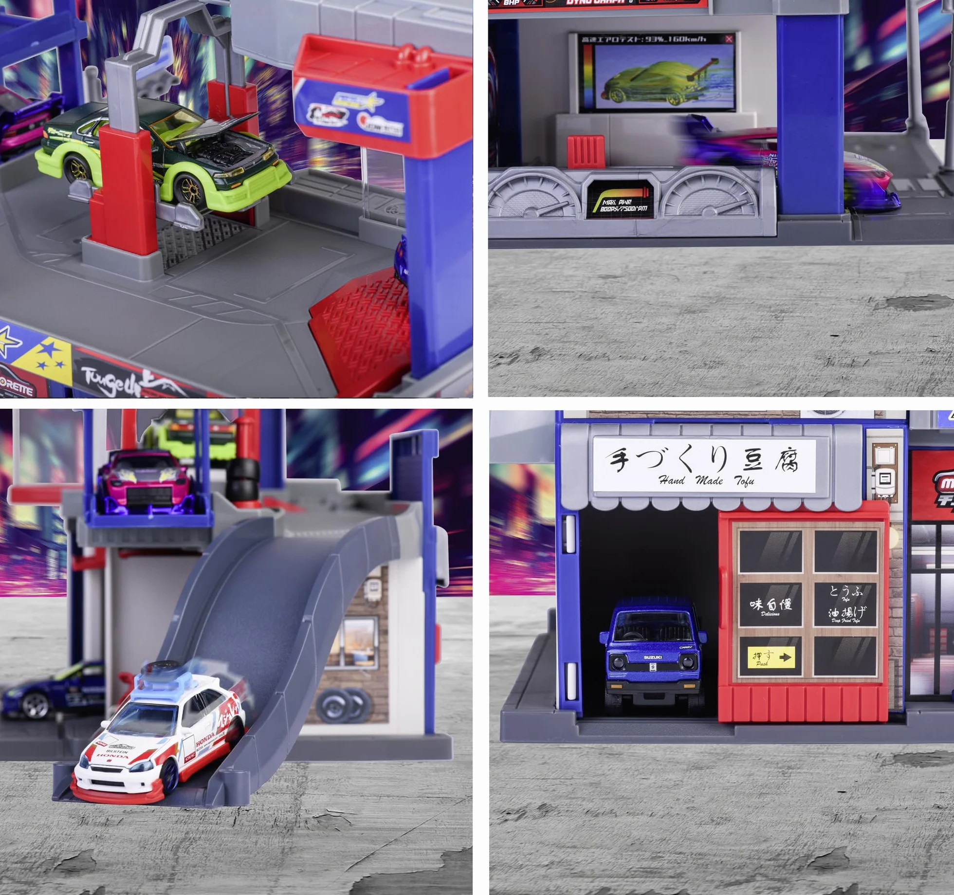 Majorette 212051033 Garaż Japan Series tuningowy z pojazdem, 3 poziomy, stacja benzynowa, warsztat, winda, myjnia samochodowa, dołączony resorak Honda Civic TYPE R EK9 w skali 1:64.