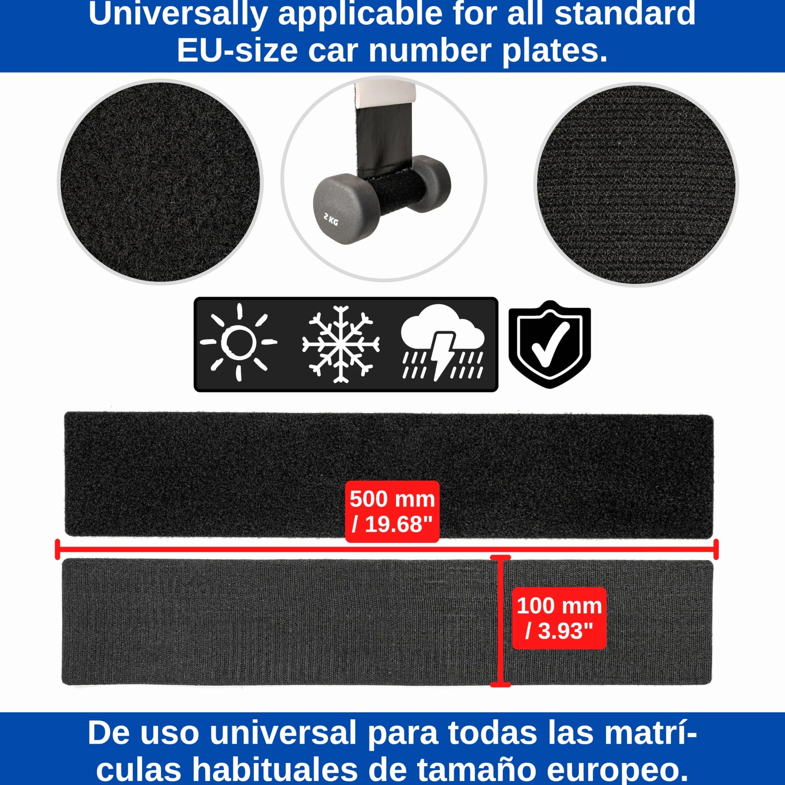 Klett Kennzeichenhalter, 2 sztuki, taśma 500 x 100 mm z hakami i pętelkami, bezramkowy uchwyt na tablicę rejestracyjną o sportowym wyglądzie, uchwyt na tablicę rejestracyjną samochodu, uchwyt na