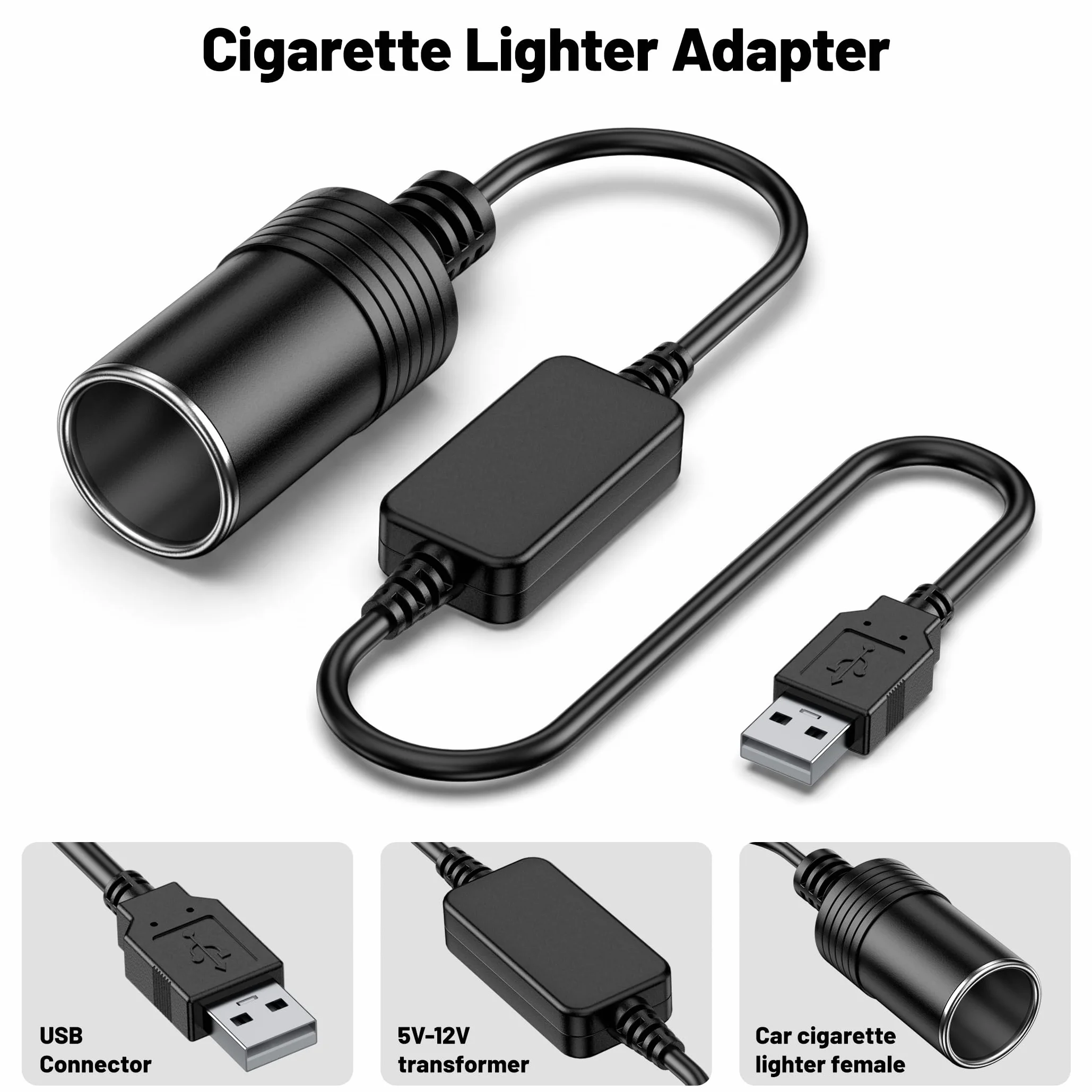AUSYDE 5 V USB A męski na 12 V gniazdo zapalniczki samochodowej żeński konwerter przedłużacz kabel adapter przewód (poniżej 8 W) na zewnątrz, kemping i podróże