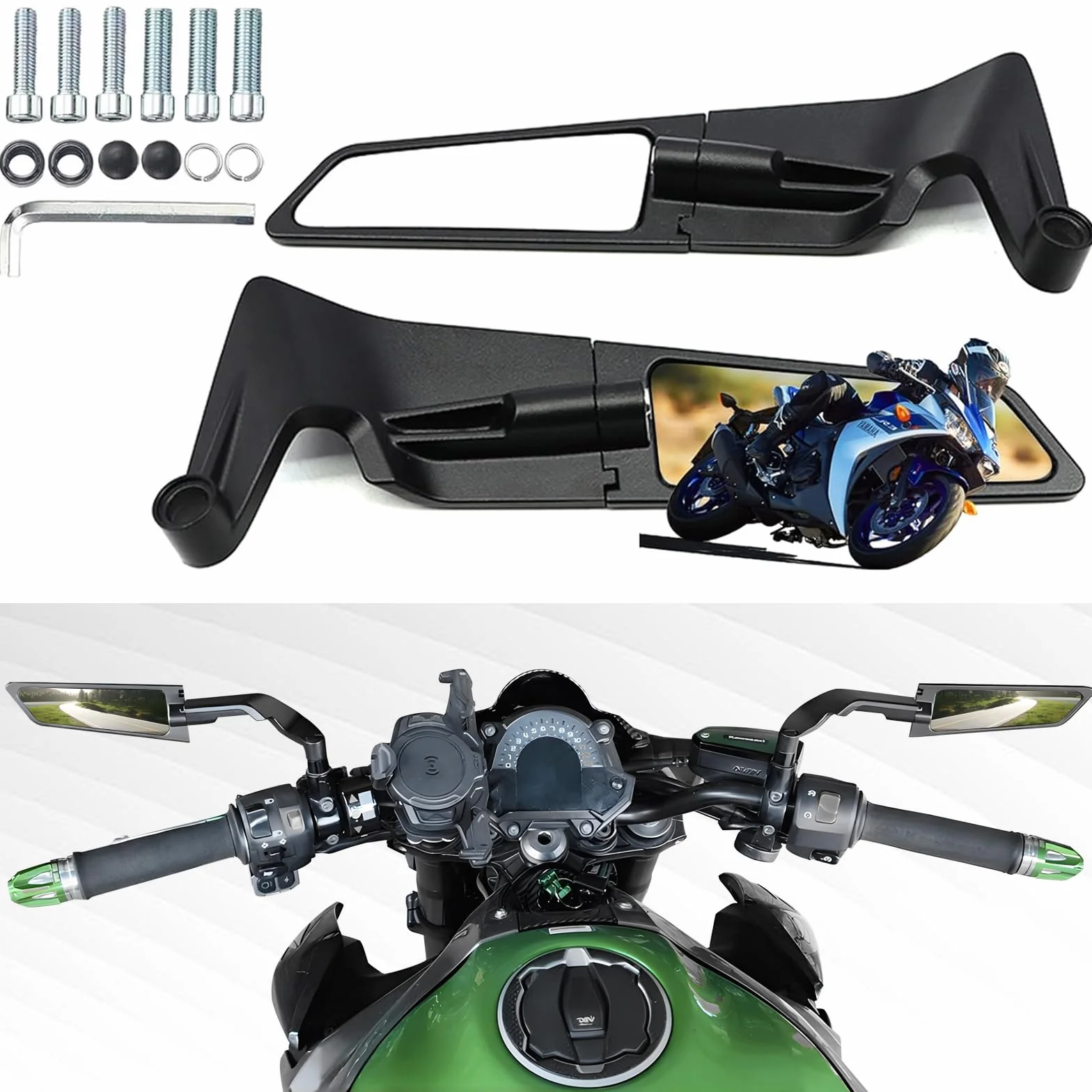 Lusterka wsteczne do motocykla, regulowane, obrotowe o 360°, lusterka boczne Stealth Wind Wing do Kawasaki Z400, Z650, Z1000, Duke 125, 200, 250, 390, 690, 790, 1290 itp. (8 mm, 10 mm)