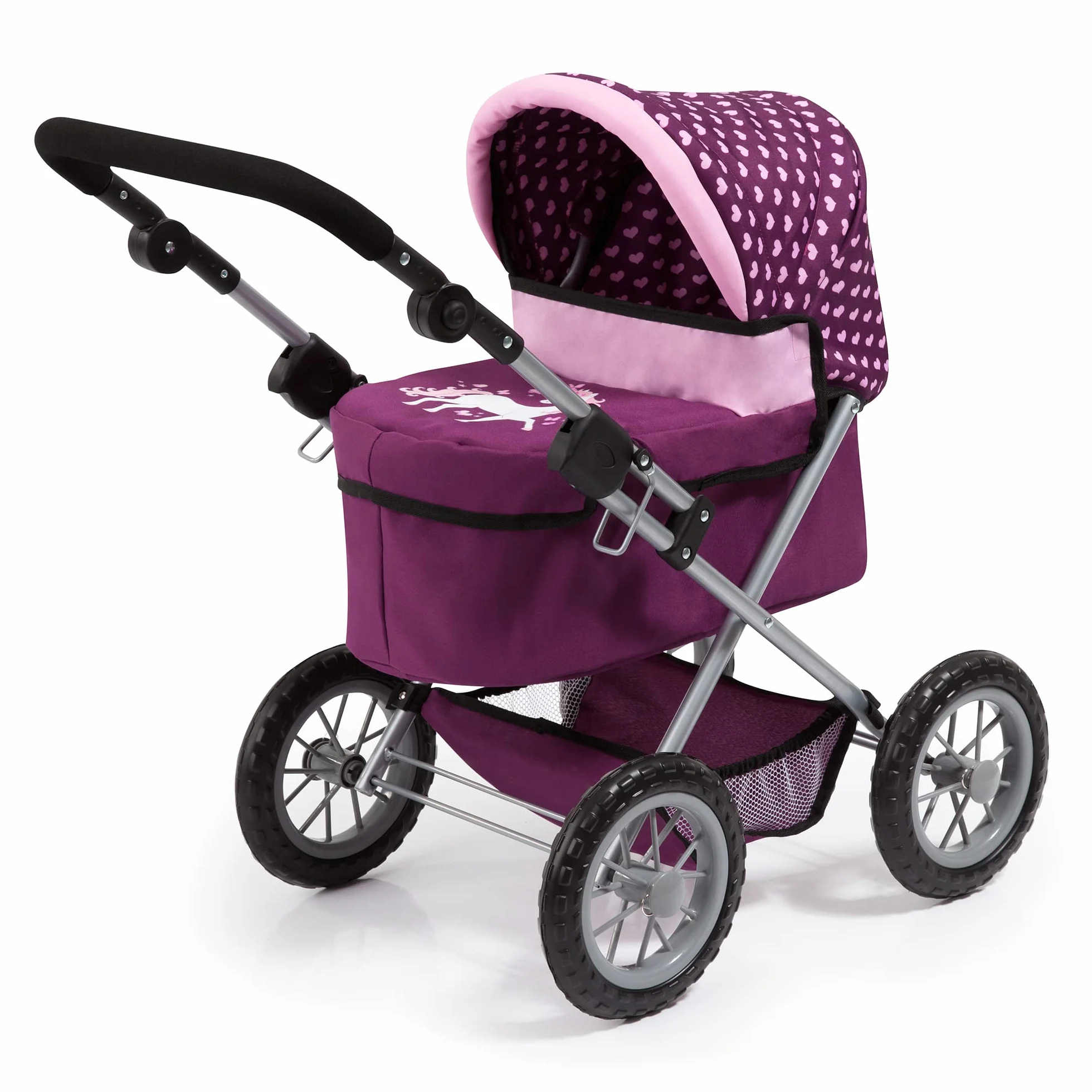 Bayer Design 13037AA Wózek dla lalek Trendy z torbą, regulowaną rączką, składany, zintegrowanym koszem, dużymi kołami, dla chłopców i dziewczynek od 3 lat