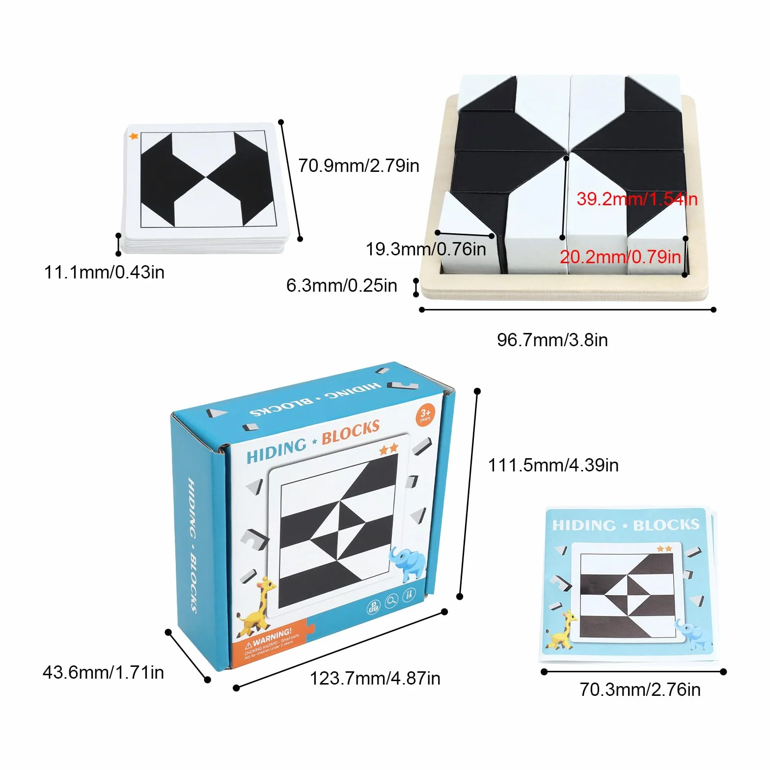 Drewniane puzzle Tangram, czarno-białe Tangram dla dzieci, 16 klocków Puzzle z geometrycznymi kształtami, sprzyjają wyobraźni przestrzennej i logicznemu myśleniu, dla dziewczynek i chłopców