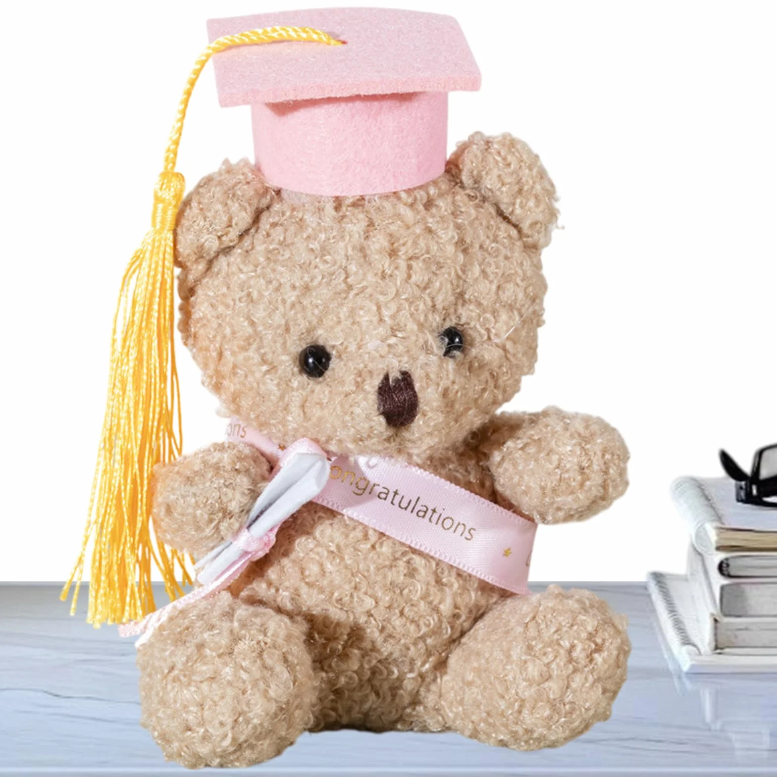 Graduation Bear, 5.1-Inch Plush with Cap Diploma Stuffed Animal, Adorable Souvenir, Cute Desktop Ornament, for Kindergarten, High School, College Celebrations