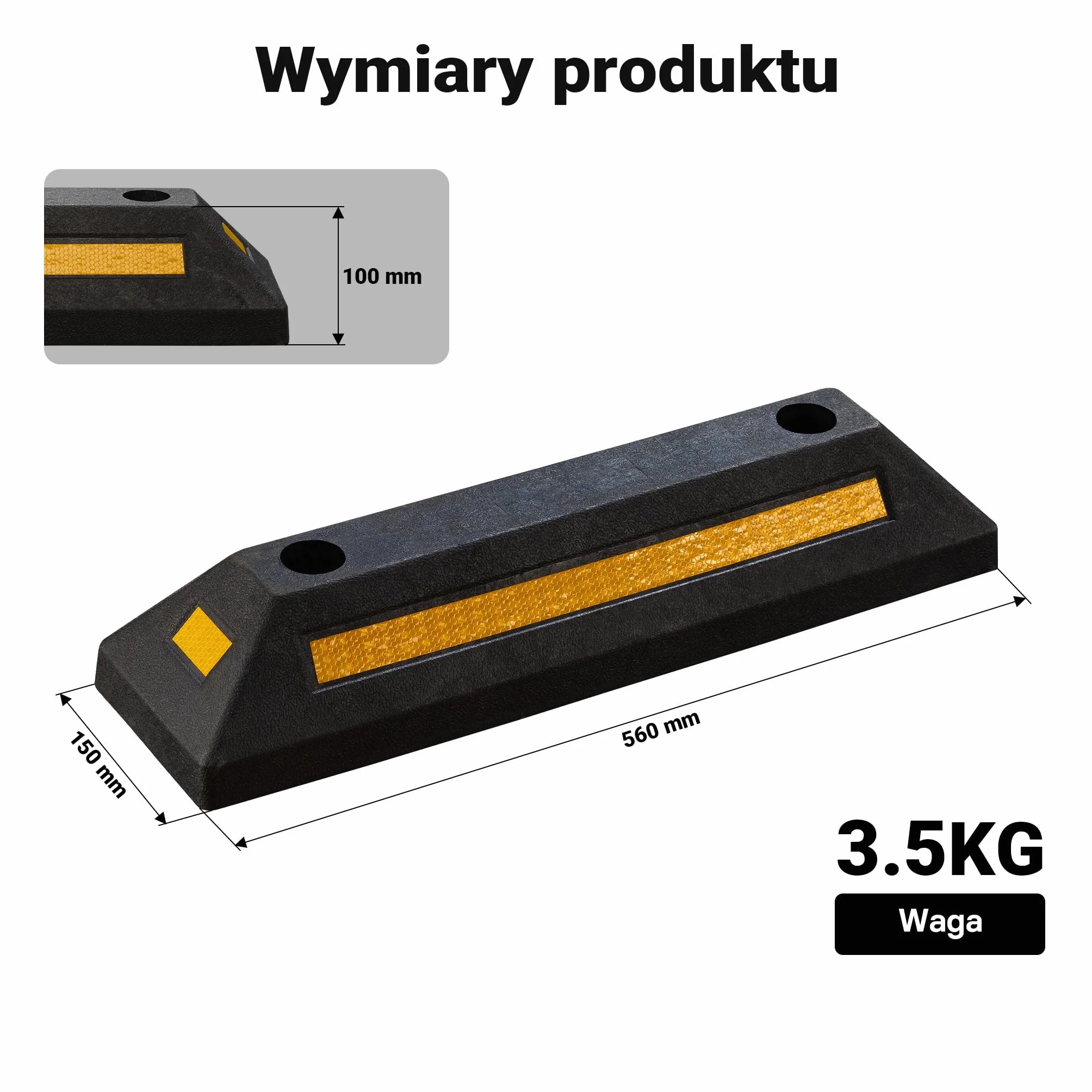 Wiltec Ogranicznik parkingowy 2 szt. 56 x 15 x 10 cm czarny z żółtą taśmą odblaskową, odbojnik gumowy do garażu i parkingu