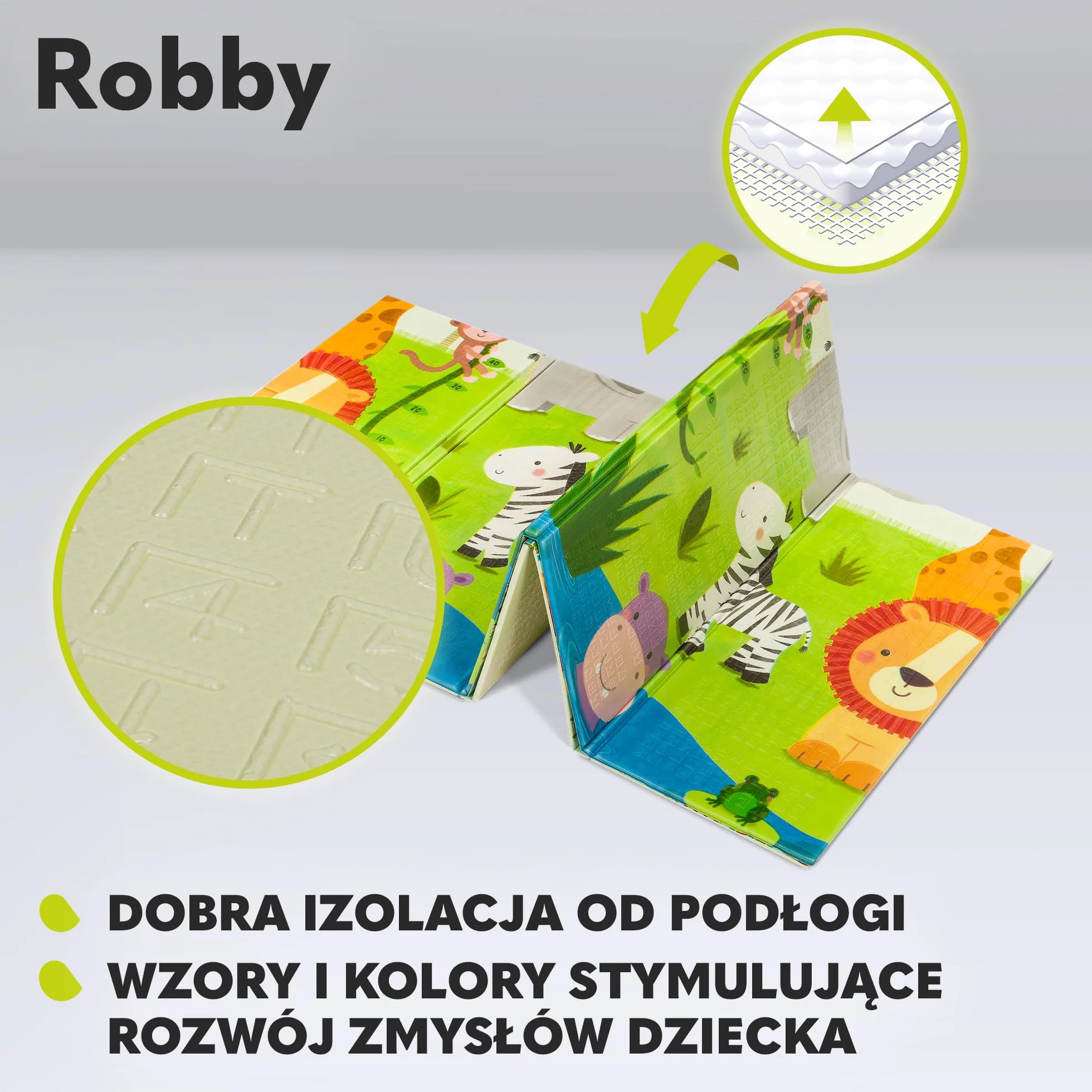 LIONELO Duża mata edukacyjna Robby do zabawy dla dzieci, mata do zabawy, składana, dwustronna, o wymiarach 200 x 180 cm, lekka i wodoodporna, przyjazna dla środowiska materiał XPE