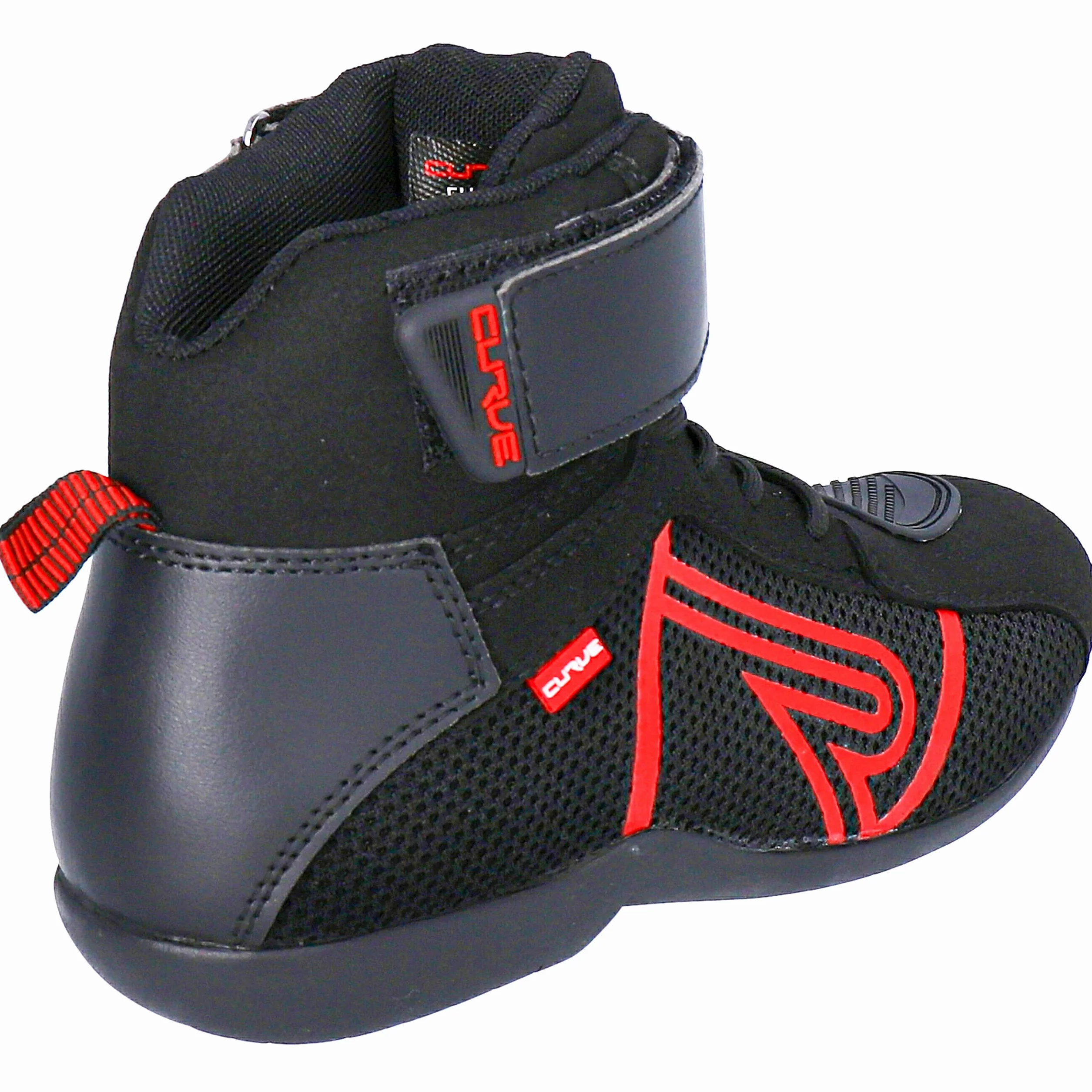CURVE Czarne/czerwone buty motocyklowe Rubi | Mężczyzna i kobieta | Mikrofibra | Miejskie zastosowanie | Wzmocnienie zmiany biegów, czerwone detale, koronki, podeszwa antypoślizgowa | homologacja CE