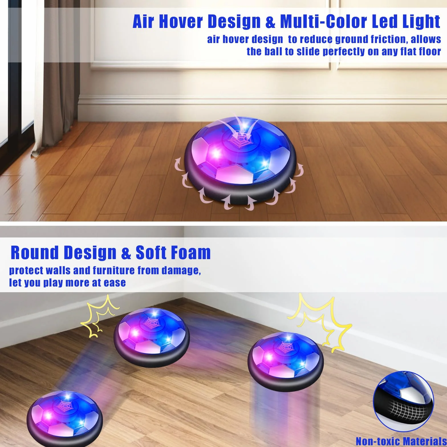 deAO 3 w 1 Air Power piłka nożna, hokej i kula do kręgli, z piłką LED Hover Ball, bramką, 6 kręgli, 2 bramkami do piłki nożnej, zabawki piłkarskie, piłka do hokeja na lodzie Air Power