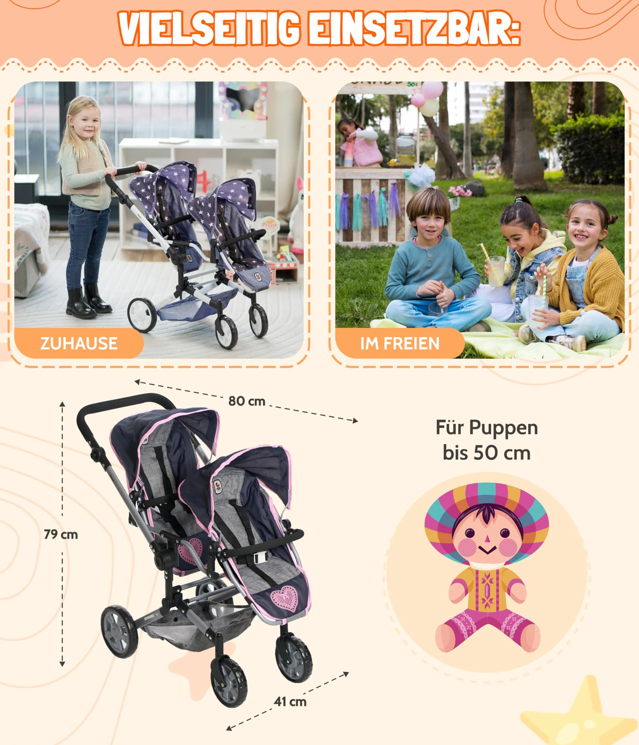 Bayer Chic 2000 - Wózek dla lalek Linus Duo, podwójny wózek dla dzieci w wieku od 4 do 8 lat, dżinsy różowe, 690-62