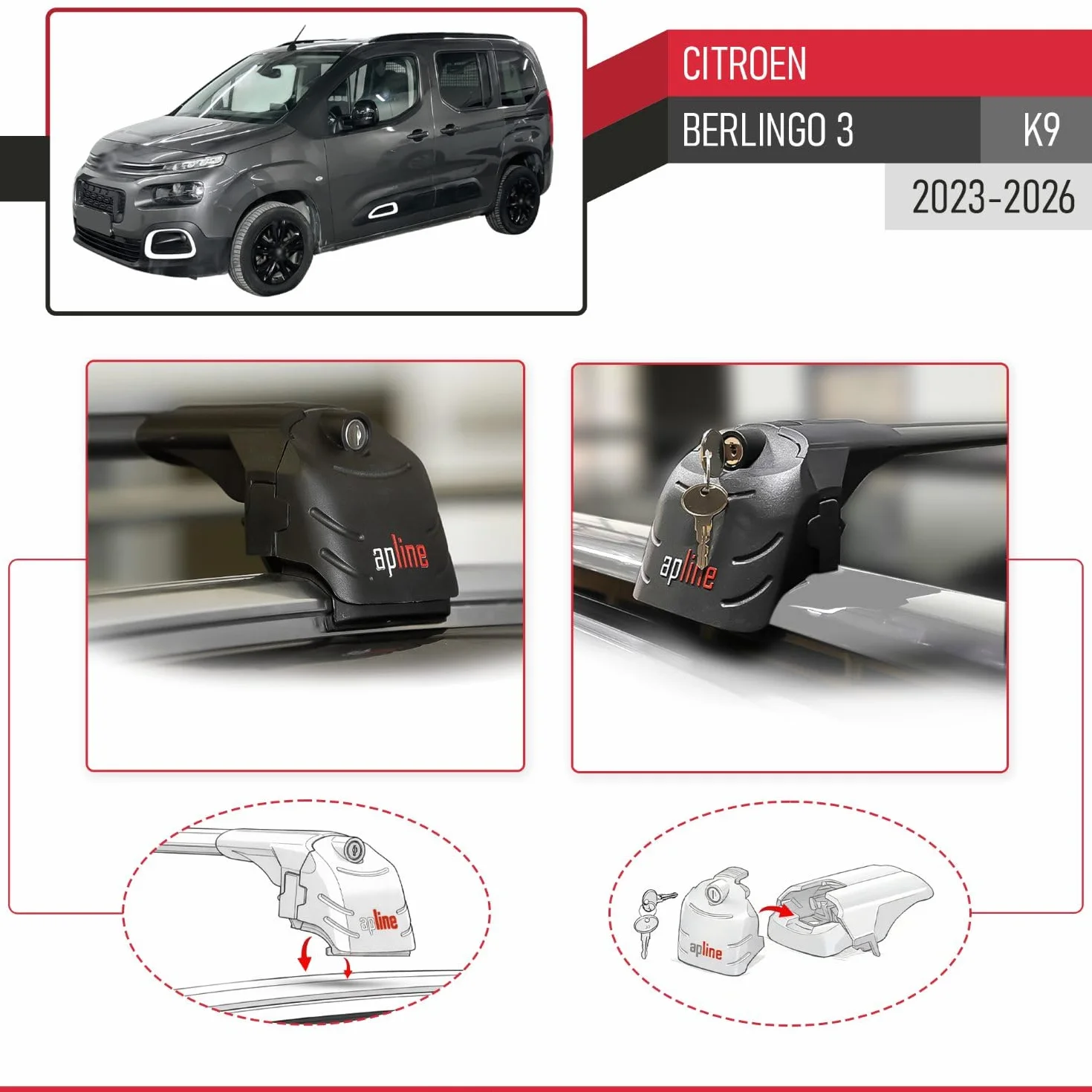 Bagażnik dachowy kompatybilny z Citroen Berlingo 3 (K9) 2023-2025 ACE-2, bagażnik dachowy, czarny, aluminium, 2 drążki