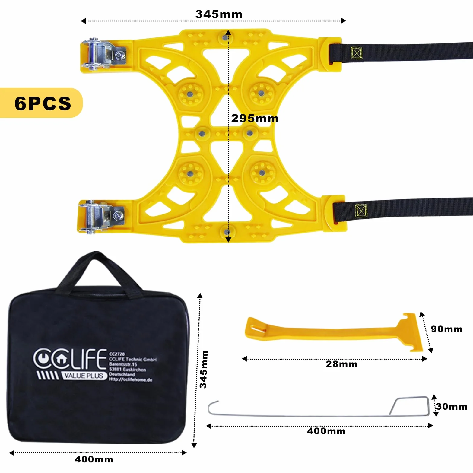CCLIFE Łańcuchy śniegowe 6 sztuk uniwersalne do opon 175-275 mm
