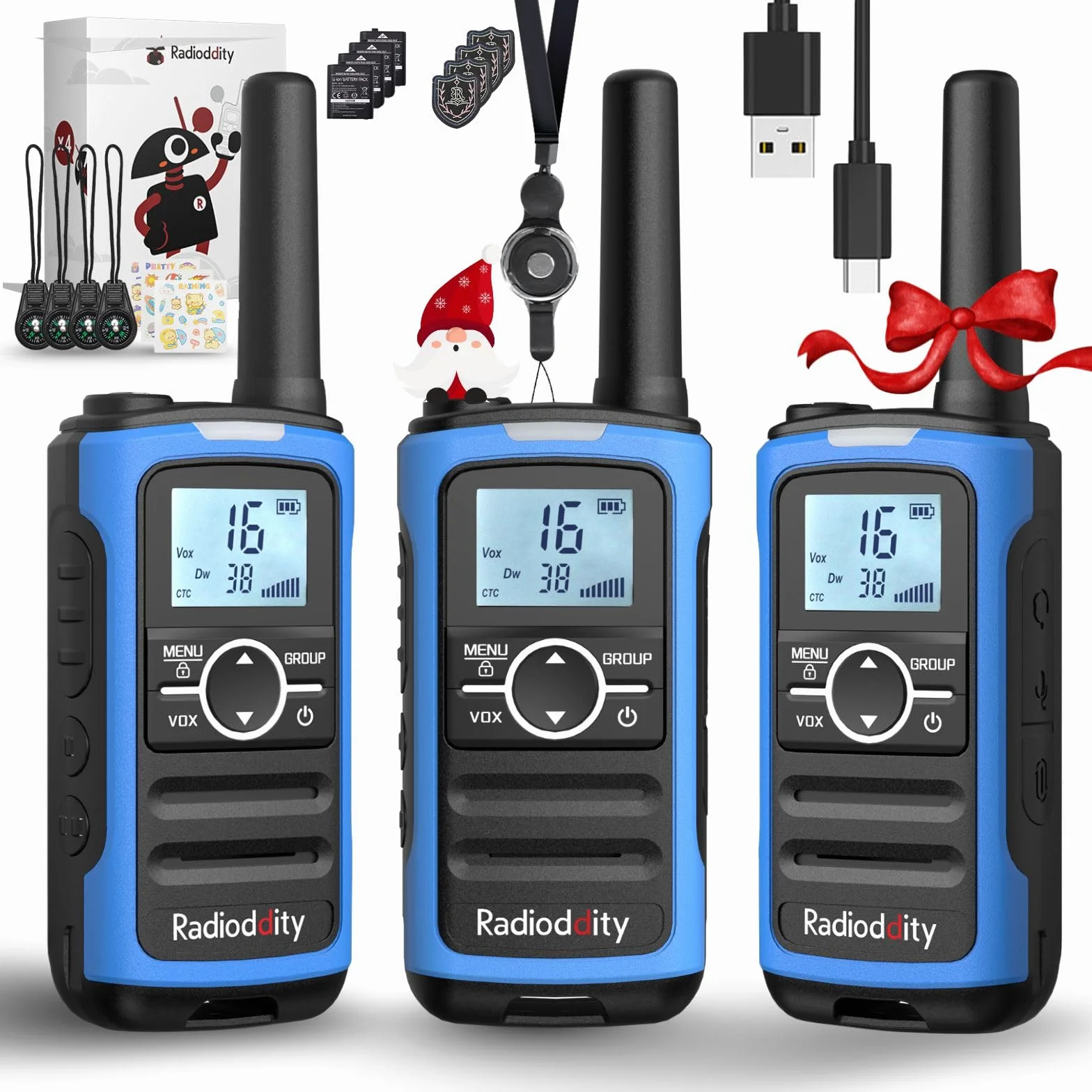 Radioddity PR-T8 Walkie Talkie dla dzieci, PMR446 Dwukierunkowe radio z możliwością ładowania, daleki zasięg, funkcja połączeń grupowych, VOX, latarka, bateria 2000 mAh, ładowanie USB-C, do wędrówek,