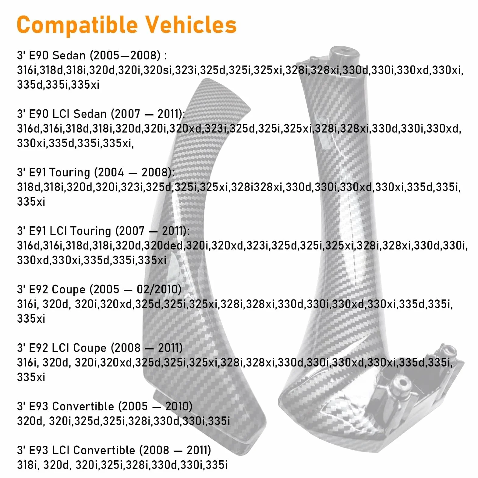 TTCR-II Zamiennik klamki drzwi kompatybilny z BMW serii 3 E90 E91 E92 E93 323 325 328 330 335 Sedan Touring, prawa tylna klamka drzwi pasażera + zewnętrzna osłona klamki drzwi - (wzór z włókna