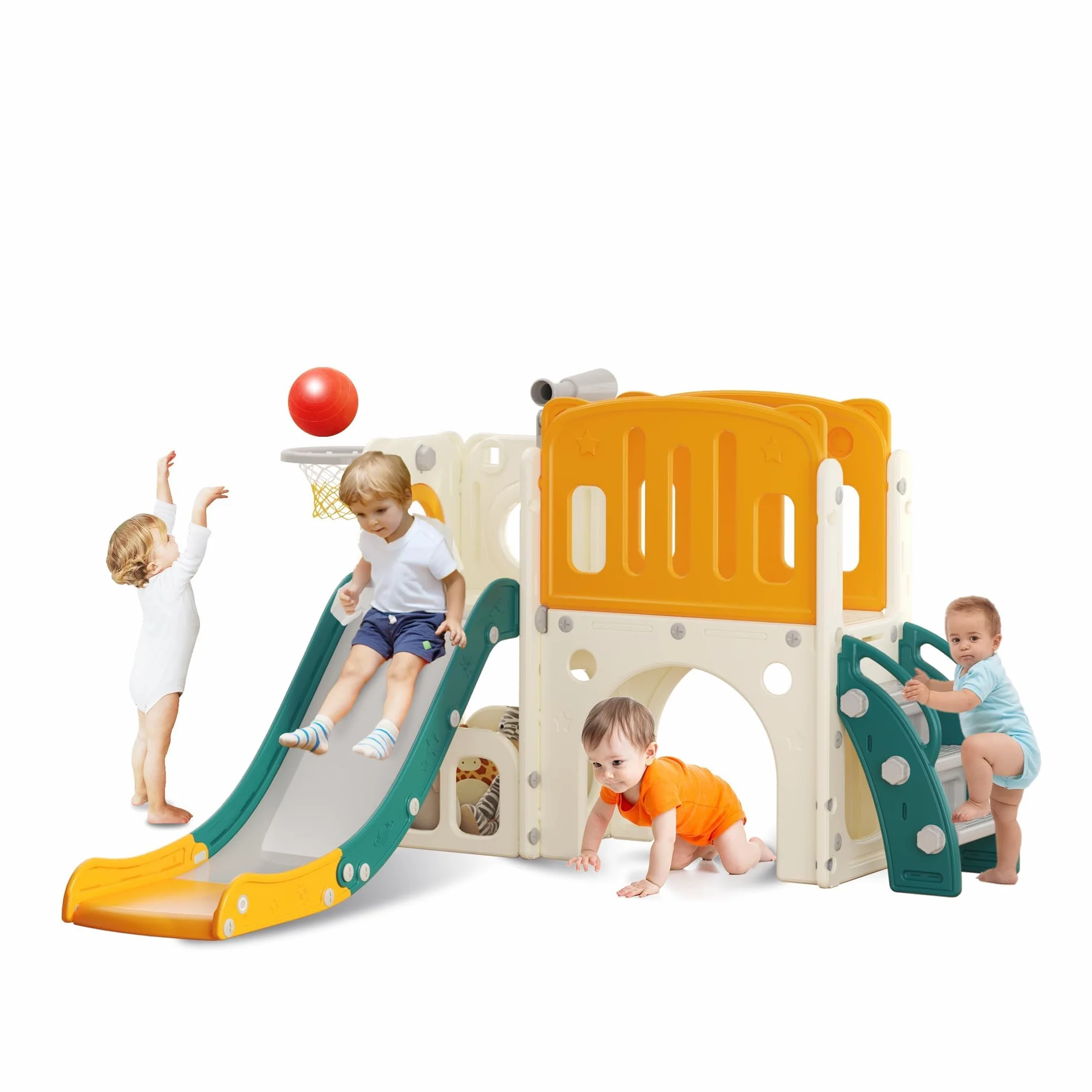 Zjeżdżalnia dla maluchów z drabiną wspinaczkową, tunelem i obręczą do koszykówki, zestaw zjeżdżalni ogrodowych dla dzieci, zabawka na plac zabaw dla dzieci, sprzęt do zabawy Montessori