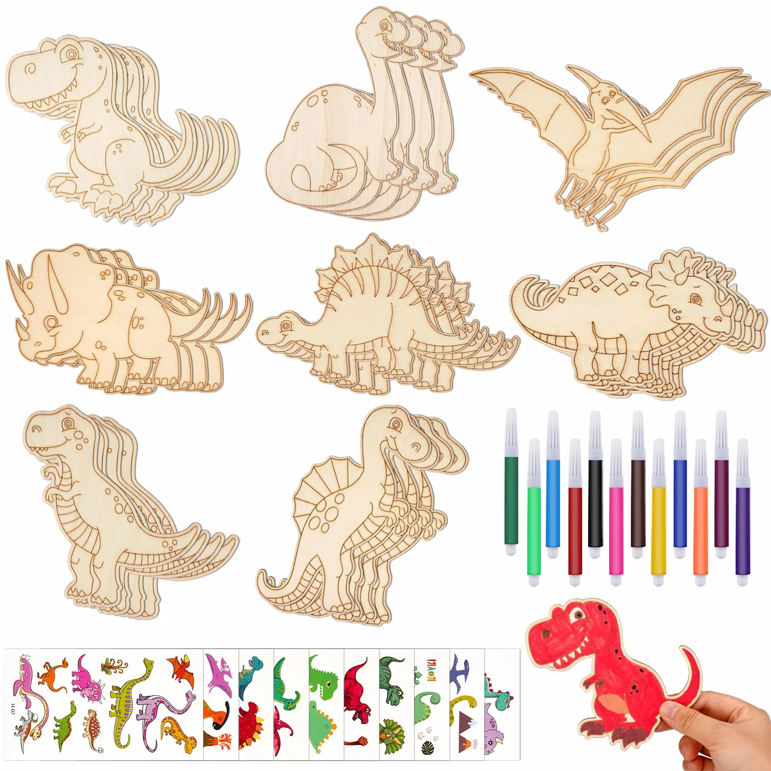 Zestaw do majsterkowania z motywem dinozaurów, 54 szt., zestaw do majsterkowania z motywem dinozaurów, 32 drewniane dinozaury, 12 kolorowych kredek, 10 naklejek, rękodzieło z drewna, dla dziewczynek /