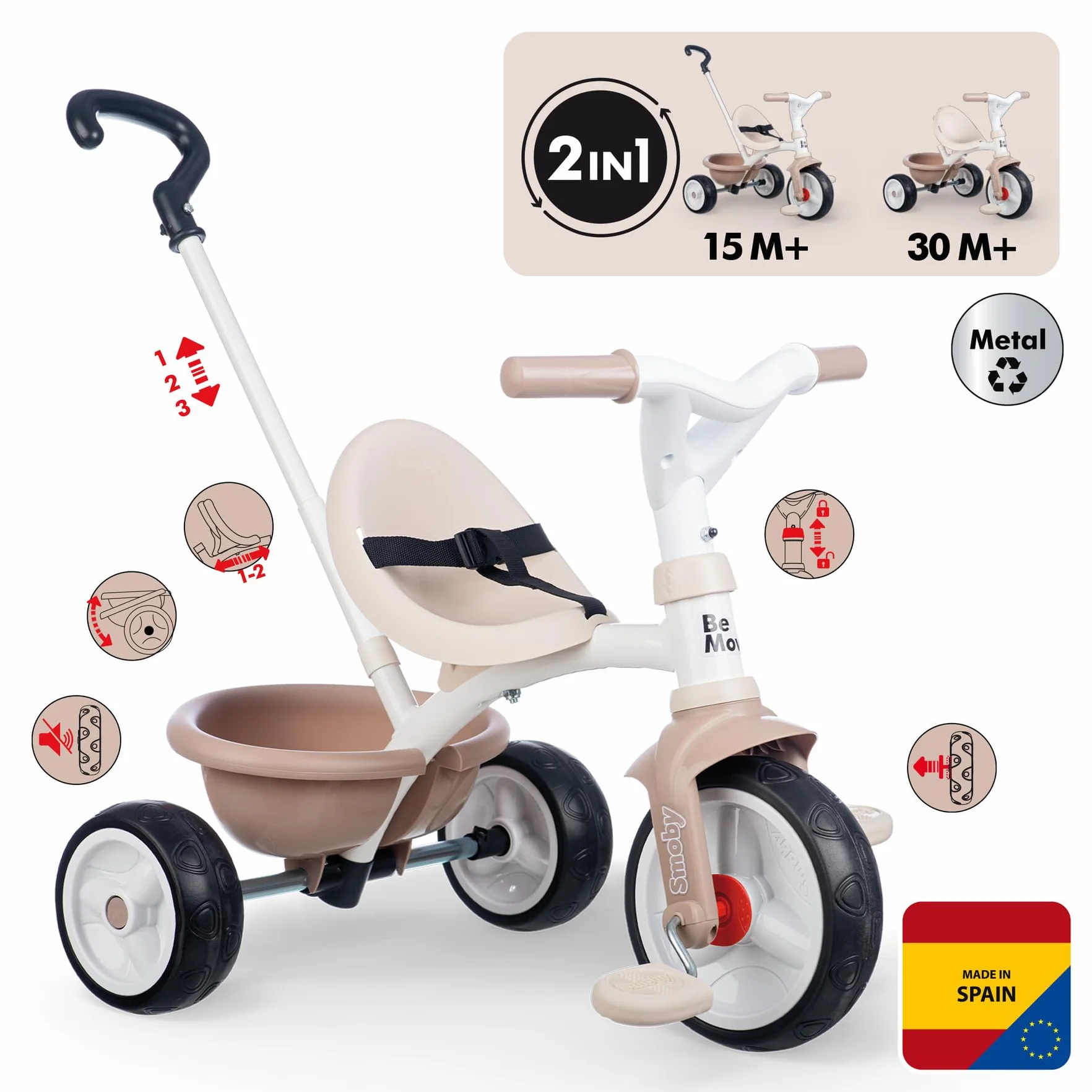 Smoby - Be Move Beige Tricycle - 2 w 1 Evolutionary - Pas bezpieczeństwa, rączka dla rodzica regulowana na 3 poziomach - Od 15 miesięcy do 4 lat - Wyprodukowano w Hiszpanii