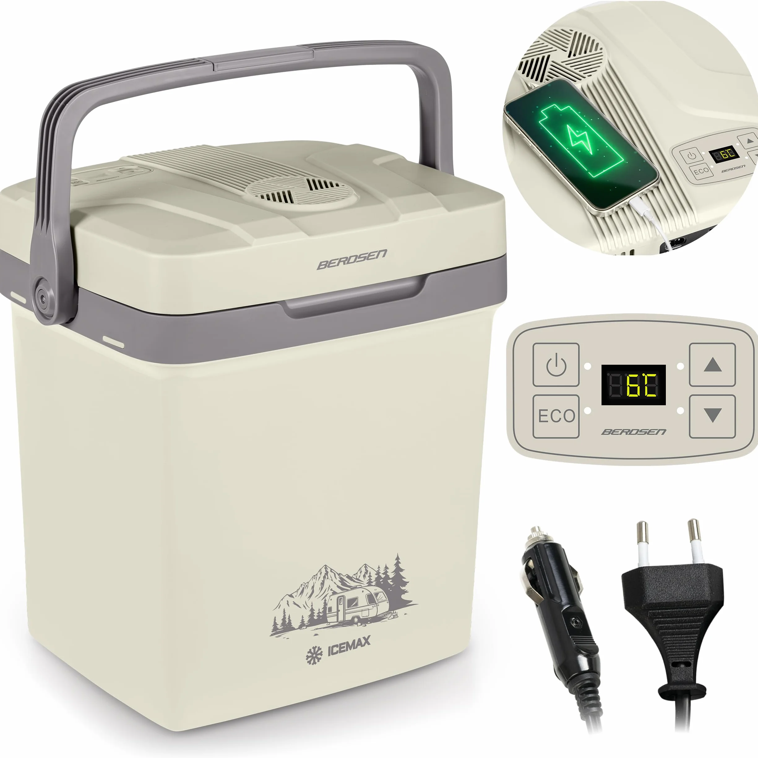 Berdsen Lodówka Turystyczna Do Samochodu i Gniazdka 12V/230V Z Funkcją Grzania USB 32 x 25 x 43 cm 26 l Niebieska